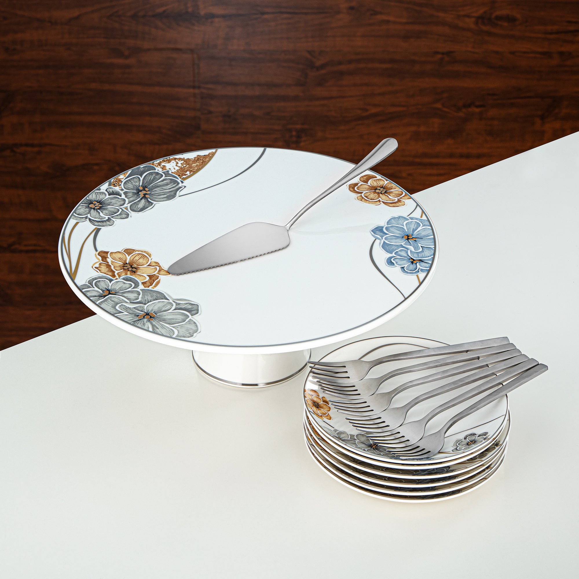 طقم تقديم كعك المرجان بورسلين وستانلس ستيل 14 قطعة (14PCS-12256) – مجموعة حلويات زهرية أنيقة