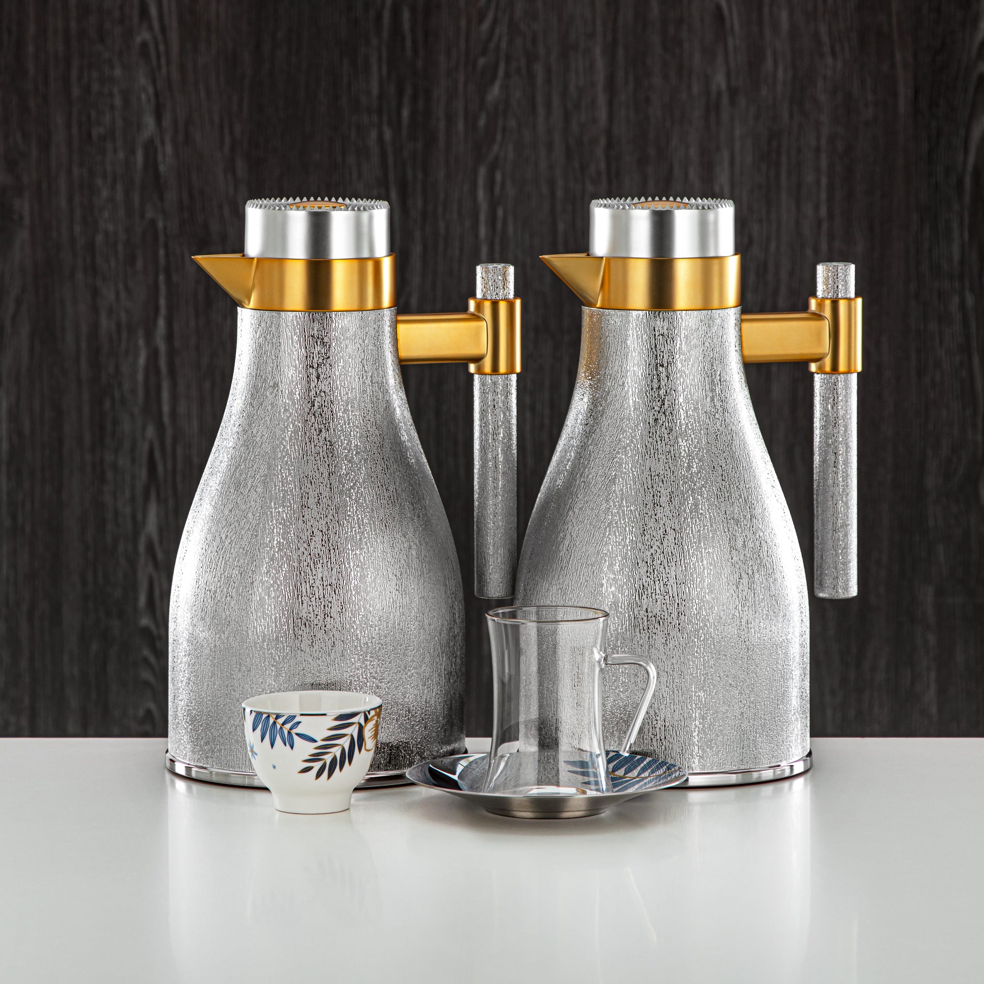 Almarjan Vacuum Flask & Tea Set Matt Silver & Matt Gold 20-Piece (GOK-S-MS-MG + 18PCS-12196-1) – Elegant Serving | Ramadan & Gatherings