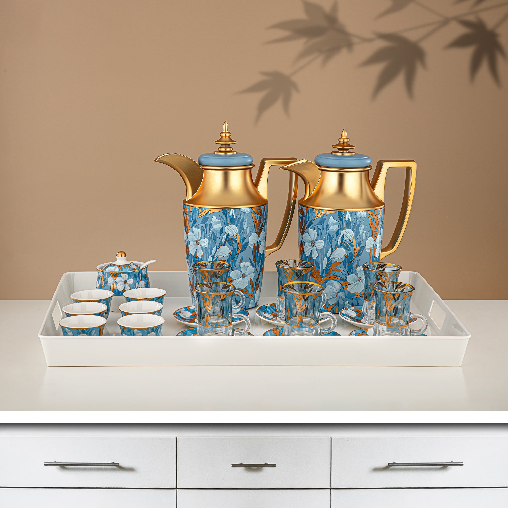 ألمرجان طقم ترامس 24 قطعة، 1 لتر + 1 لتر، مزهر ومذهب غير لامع (24-JBH-TR-AZ01G) - مجموعة كاملة للشاي والقهوة