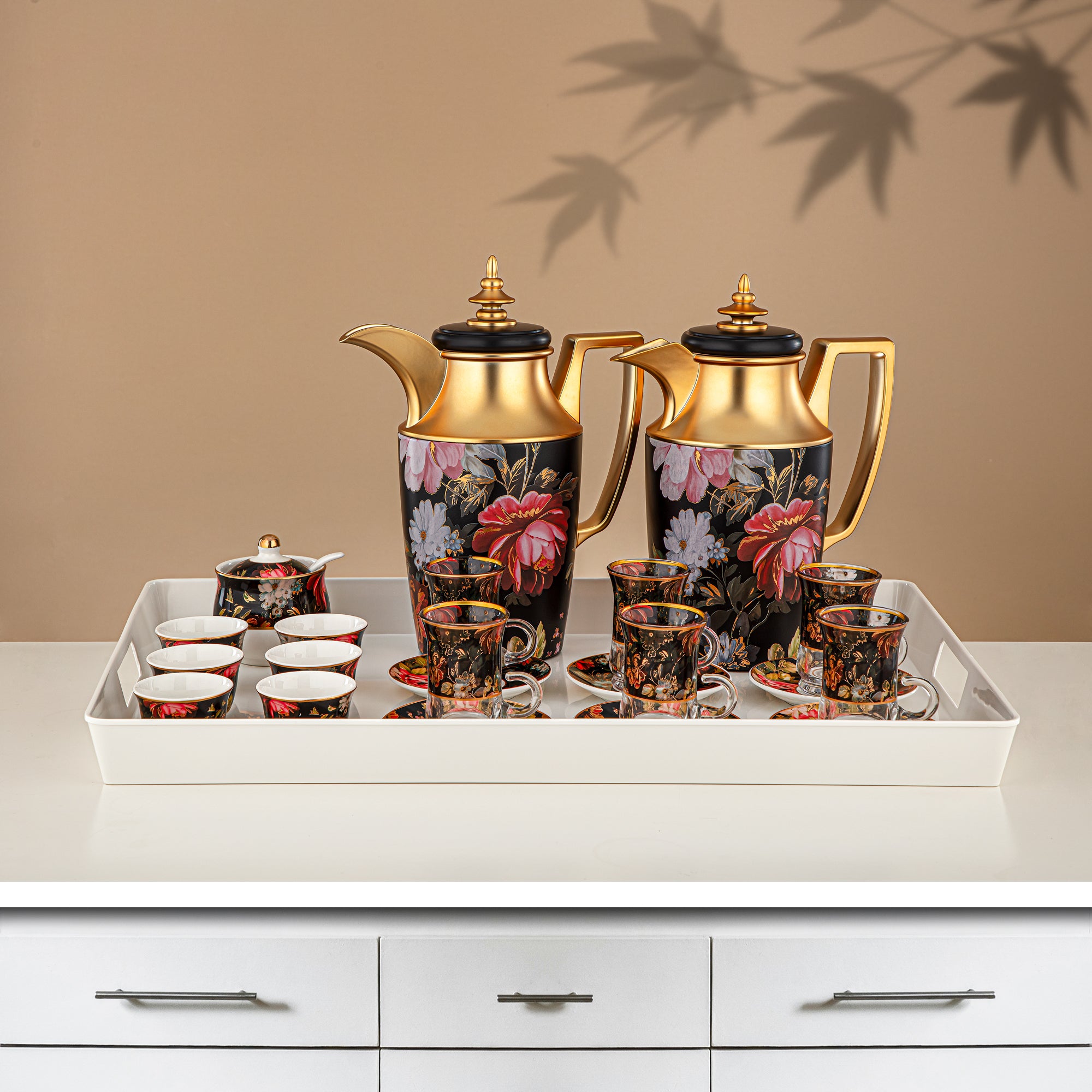 مجموعة طقم ترامس 24 قطعة، 1 لتر + 1 لتر، زهور وذهب مطفي (24-JBH-TR-AZ04G) - مجموعة الشاي والقهوة الكاملة