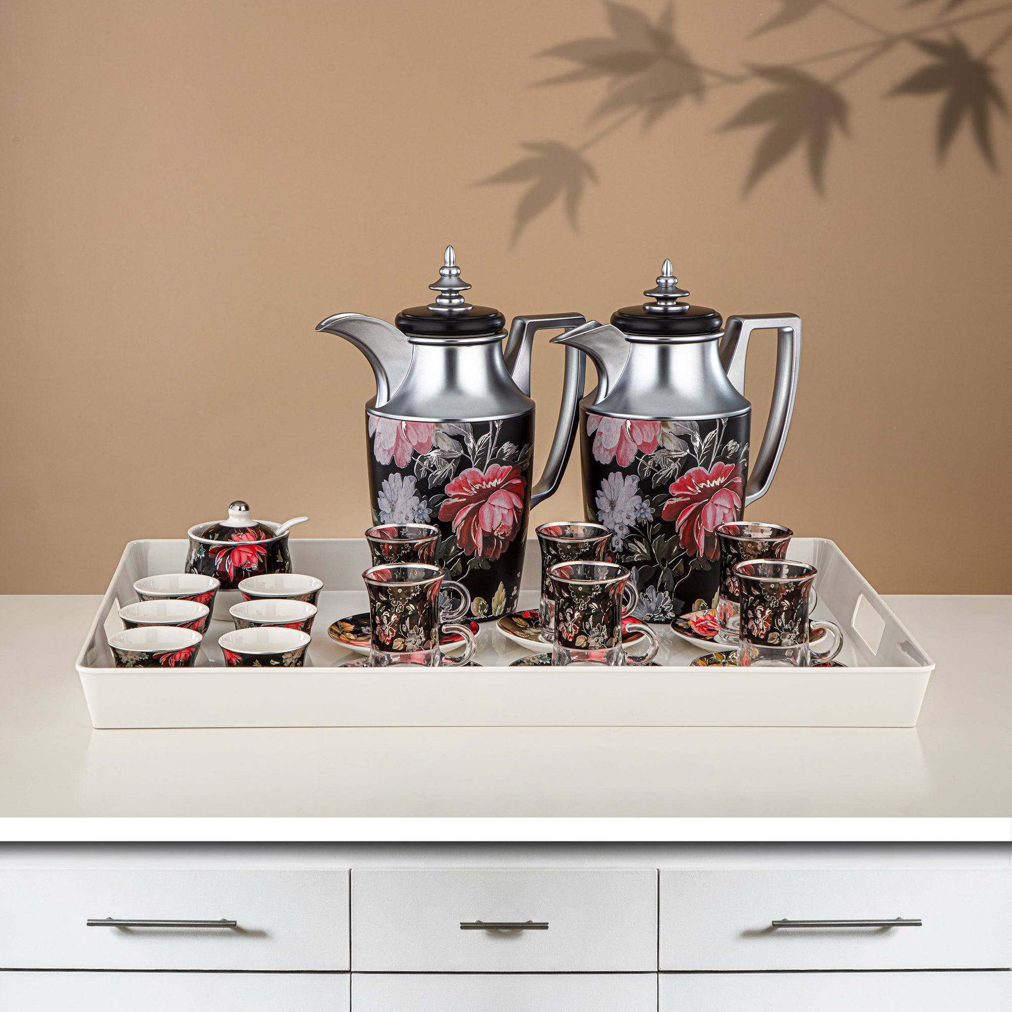 ألمرجان طقم ترامس 24 قطعة، 1 لتر + 1 لتر، مزهر ومطفي فضي (24-JBH-TR-AZ04S) - طقم الشاي والقهوة الكامل