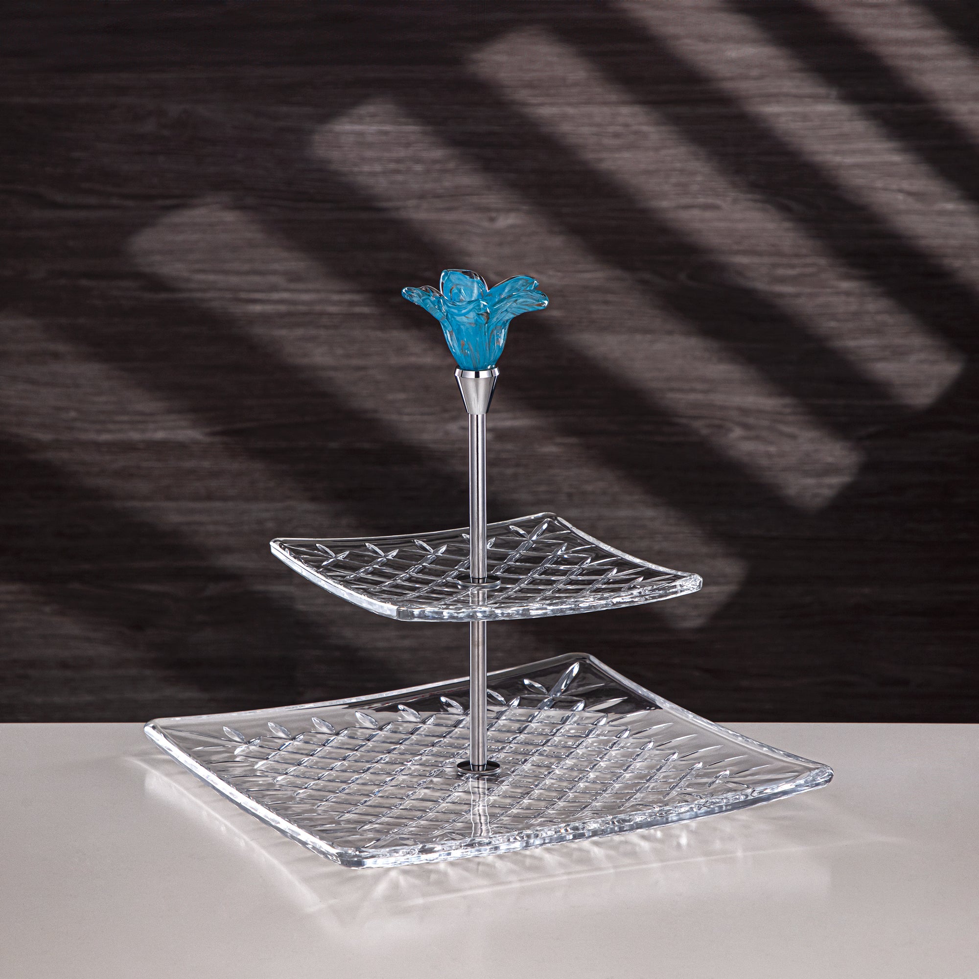 Almarjan Serveware Glass 2-Tier Square Clear with Blue Flower