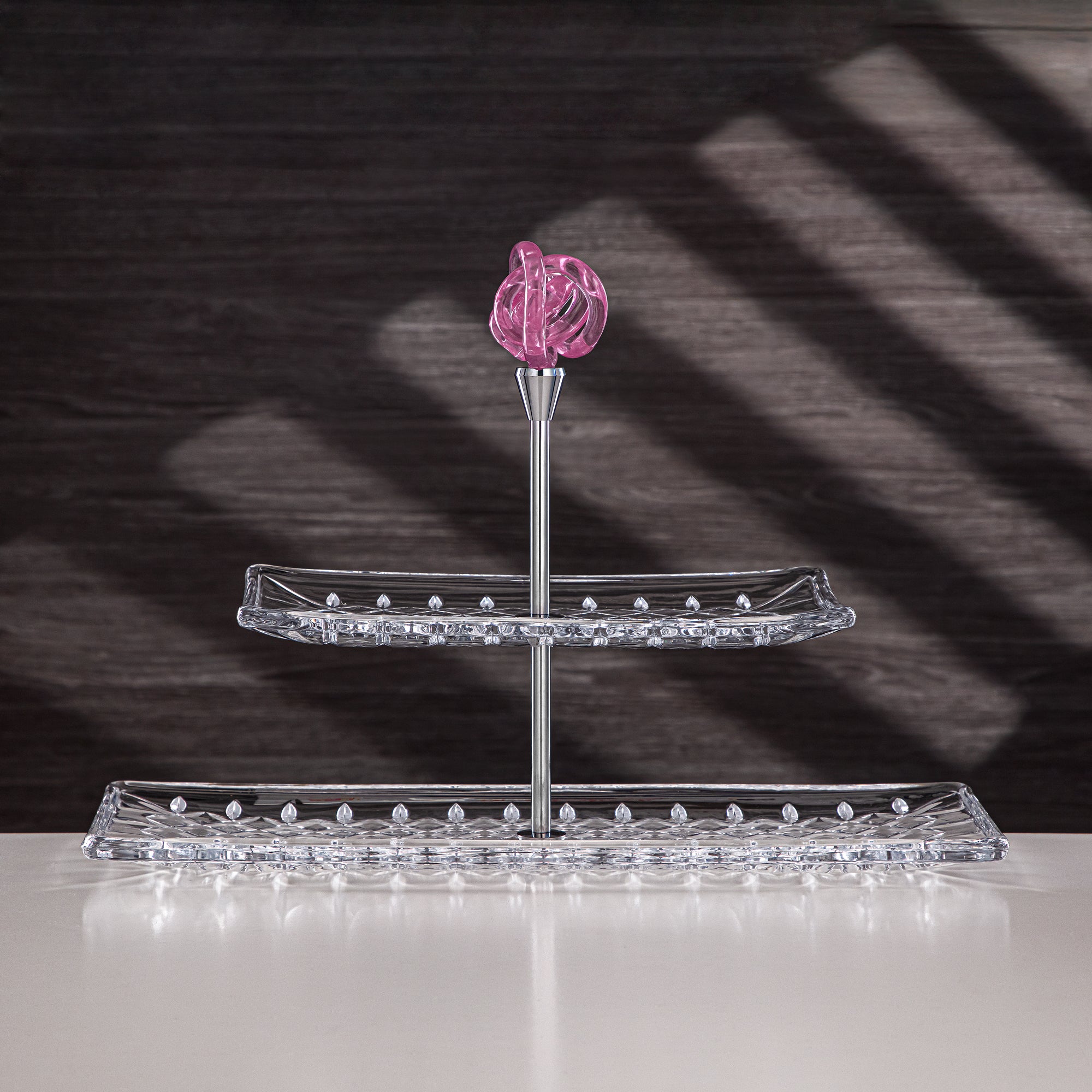 طقم تقديم المرجان زجاجي بطبقتين مستطيل شفاف مع عقدة وردية