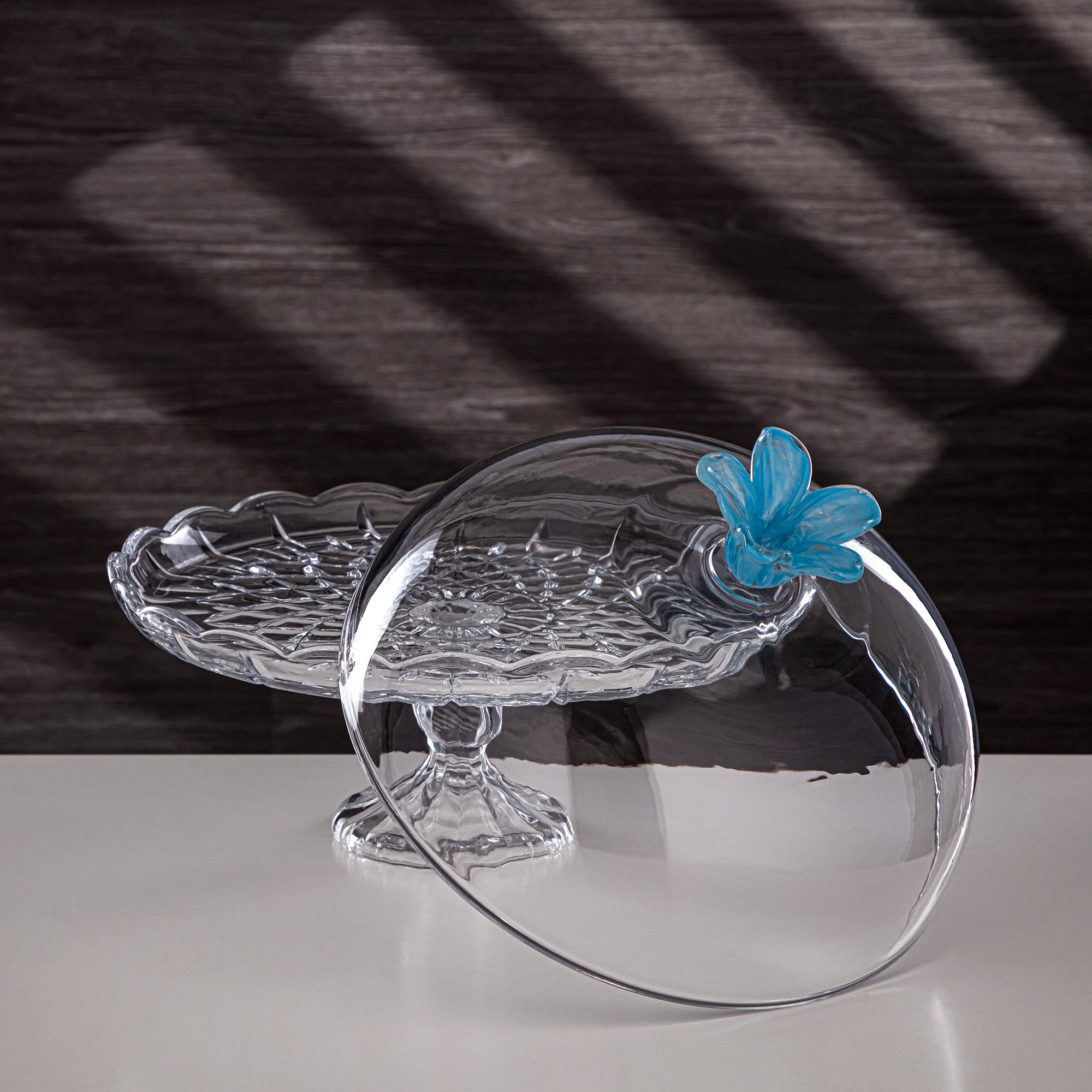 Almarjan Cake Stand Glass Round Clear with Blue Flower