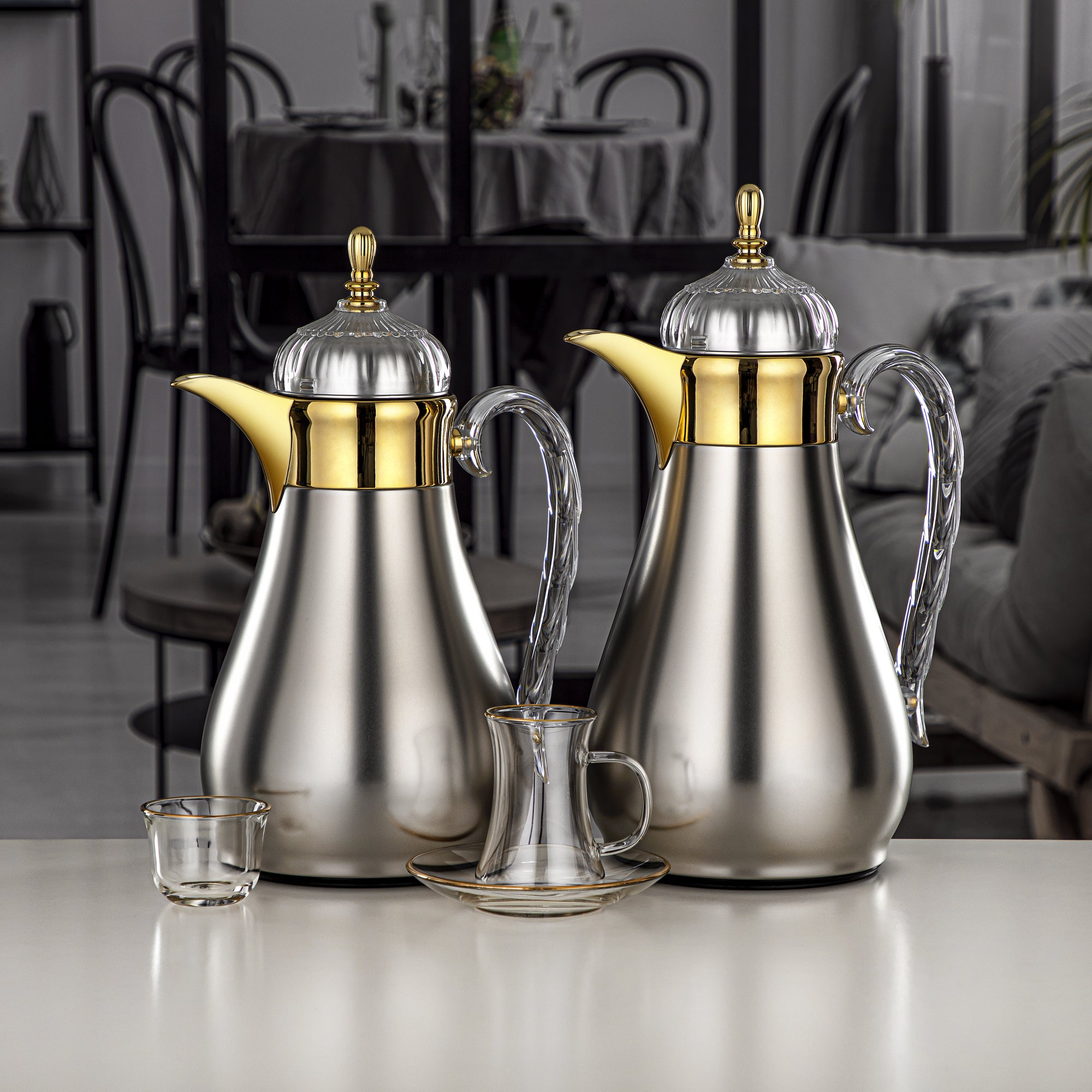 مجموعة طقم ترامس 21 قطعة، زر ضغط، 0.7 لتر + 1 لتر، فضي مطفي، ذهبي وشفاف (FG810-21 MC/G) - مجموعات ترمس أنيقة