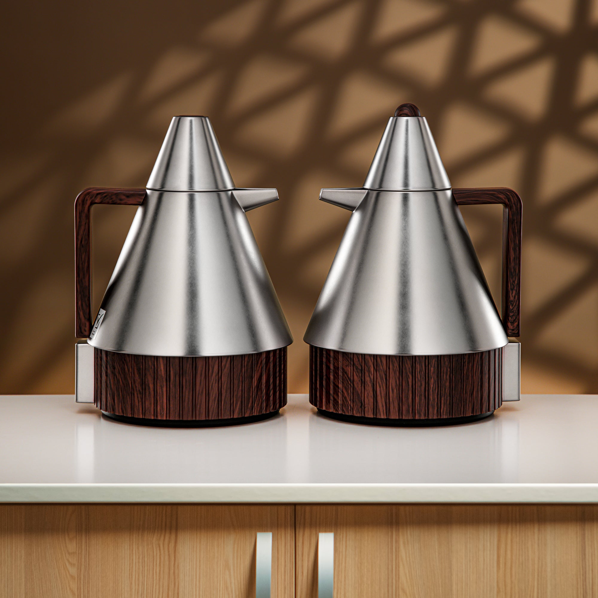 طقم ترامس المرجان 1 لتر + 1 لتر بلمسة نيكل غير لامع وخشب داكن