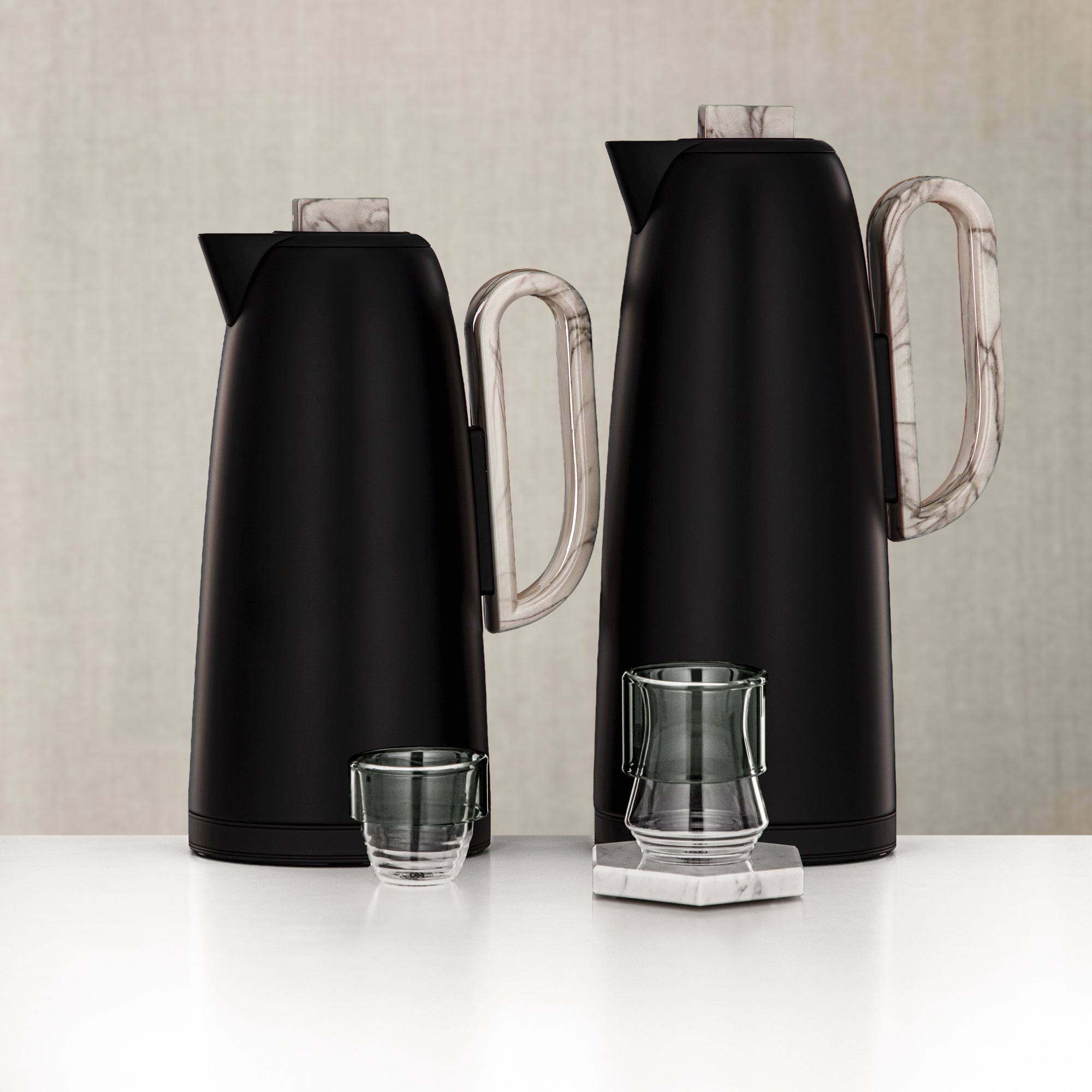 Almarjan Vacuum Flask & Tea Set 20 Pieces Matt Black with Marble Accents
