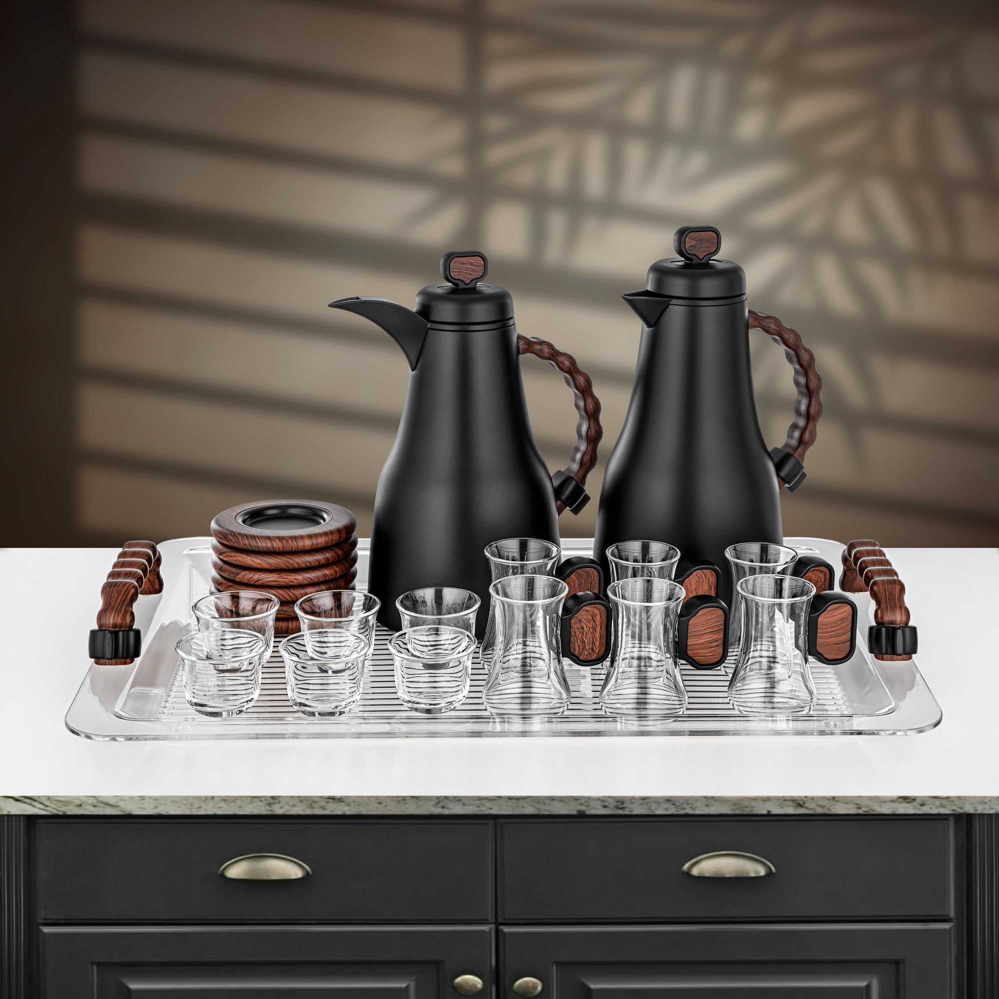 Almarjan 21 Pieces Tea & Coffee Set, Black & Dark Wood