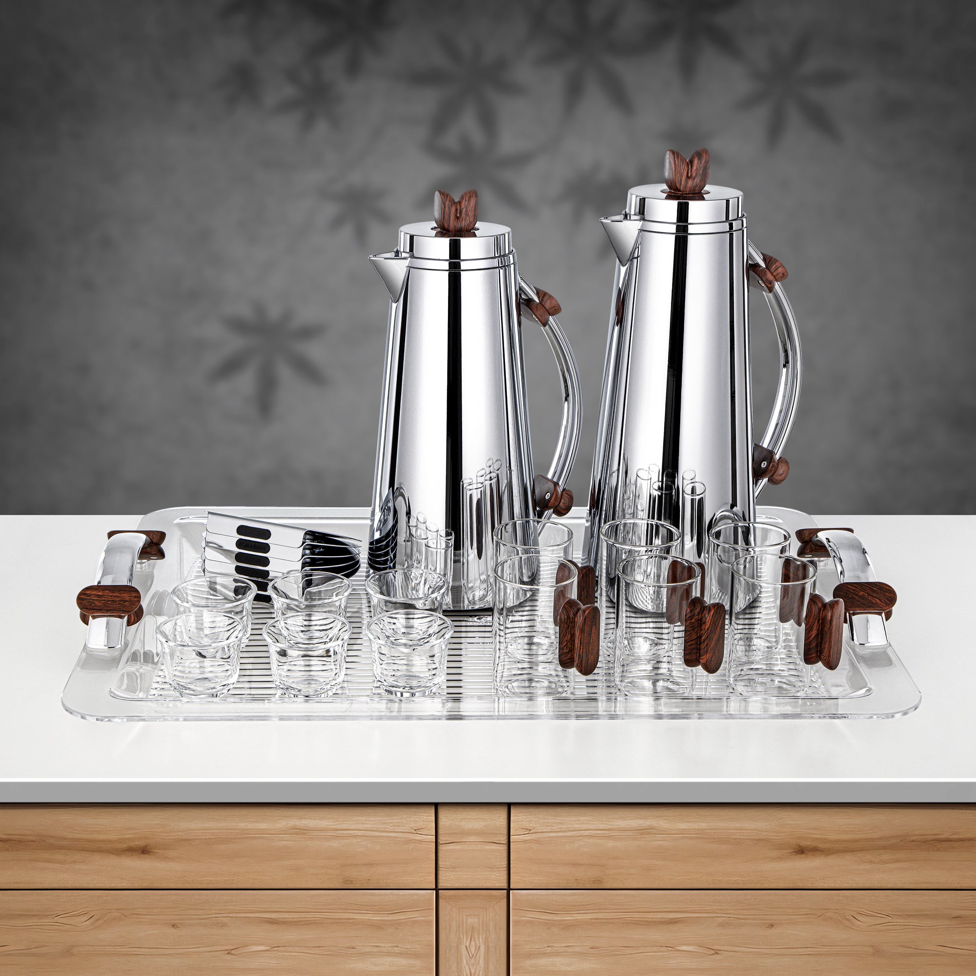 Almarjan 21 Pieces Tea & Coffee Set, Silver & Dark Wood