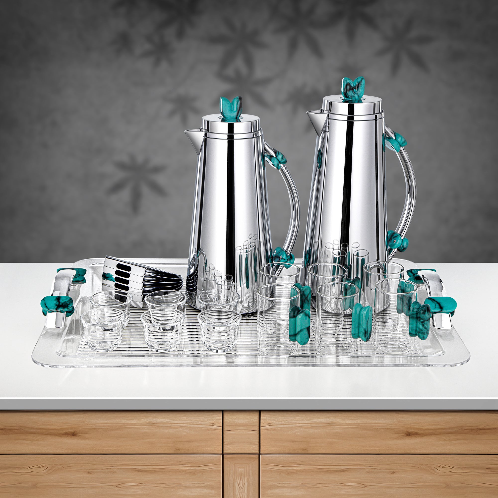 Almarjan 21 Pieces Tea & Coffee Set, Silver & Tiffany Marble