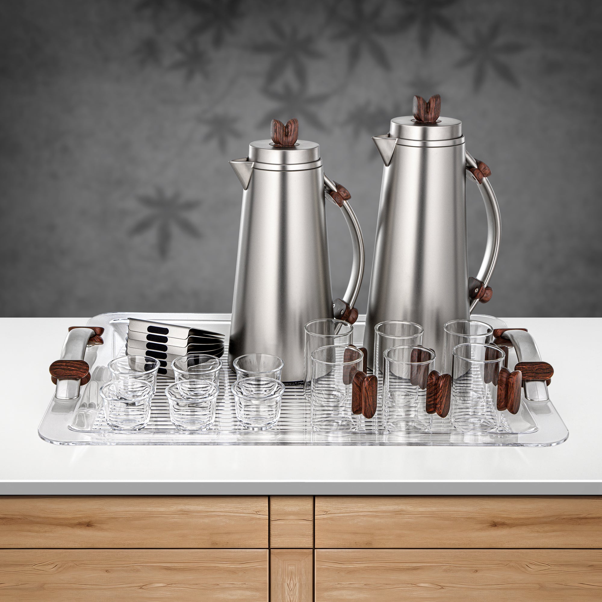 Almarjan 21 Pieces Tea & Coffee Set, Matt Nickel & Dark Wood
