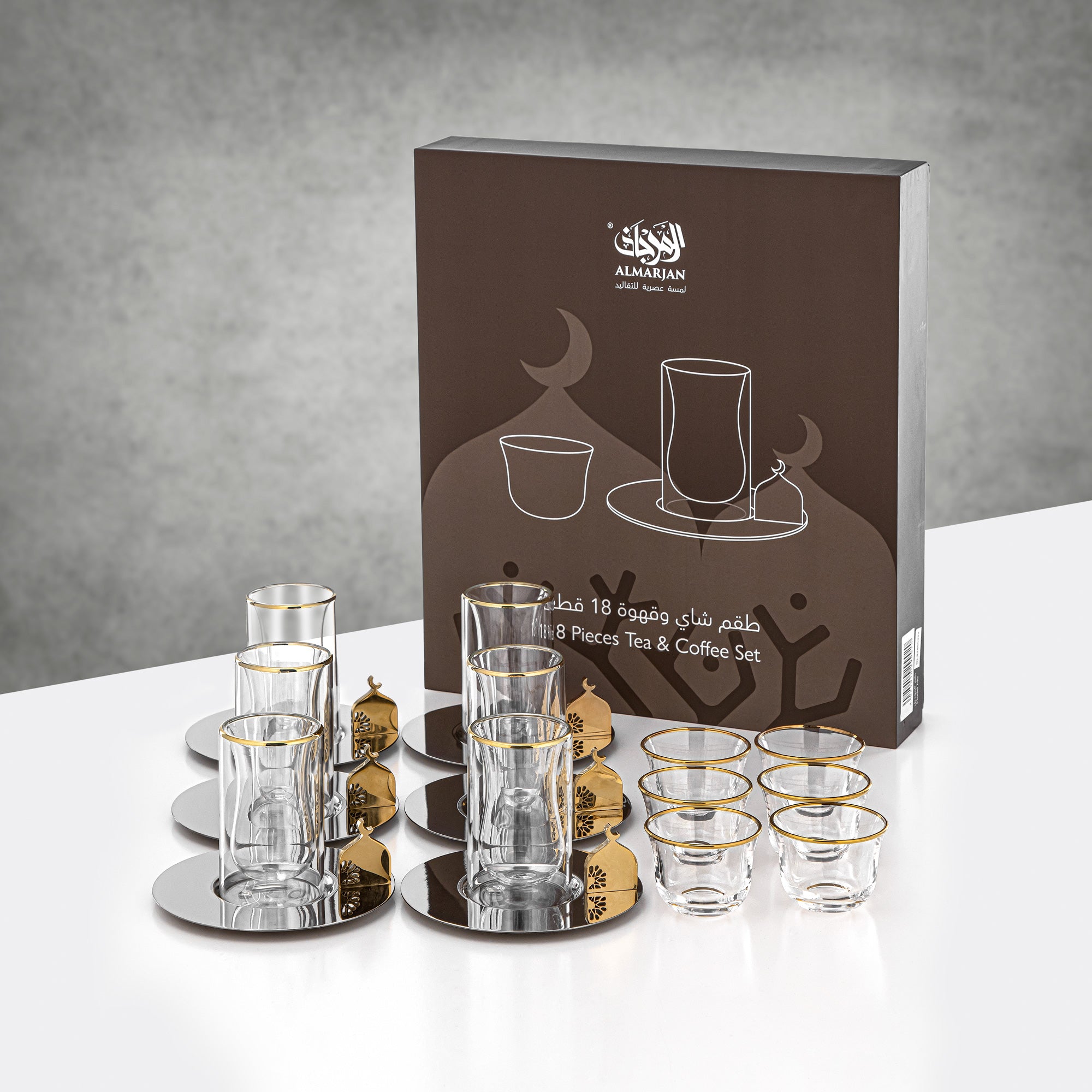 Almarjan Tea & Coffee Set 18 Pieces Clear with Gold Rim
