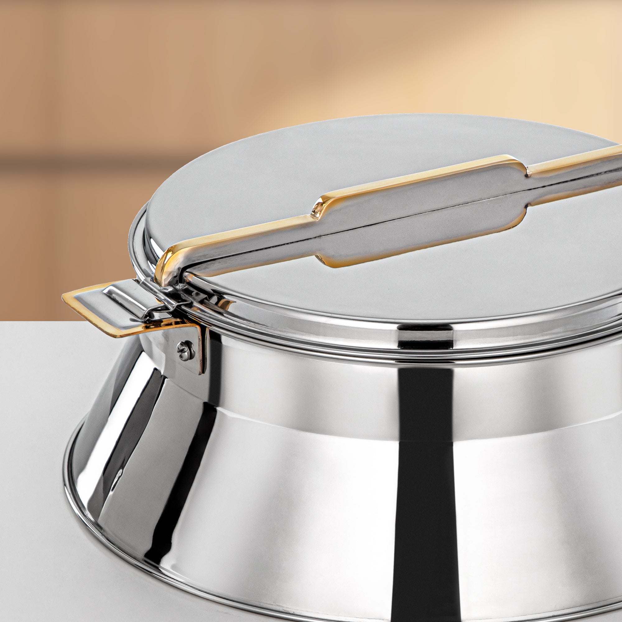 Almarjan Hot Pot Set Stainless Steel 3000ml + 4000ml + 6000ml (H25PG8) – Dalal Collection | Silver & Gold with Golden Line | Elegant Serving for Ramadan & Gatherings