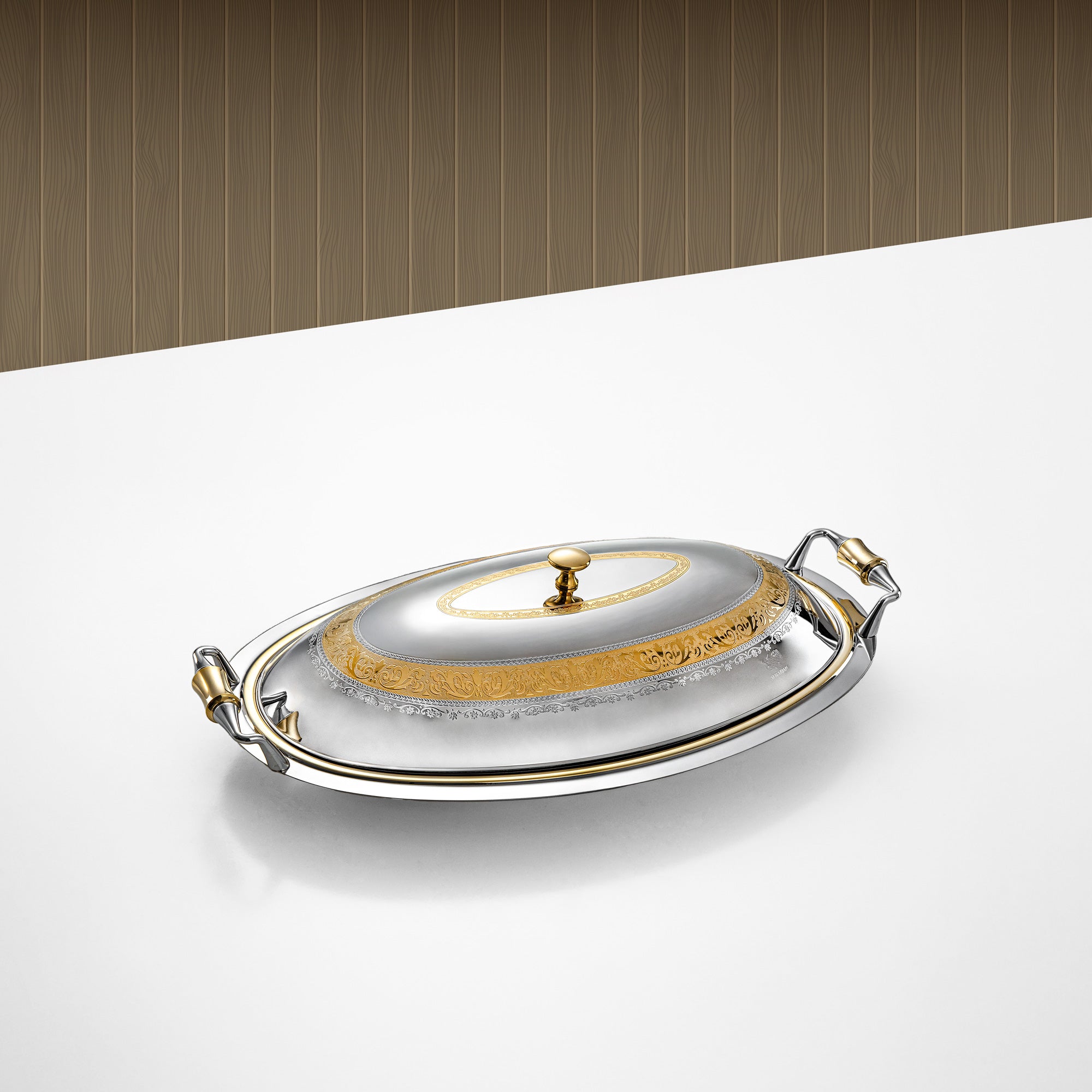 صينية تقديم بيضاوية مع غطاء المرجان 46 سم فضي وذهبي