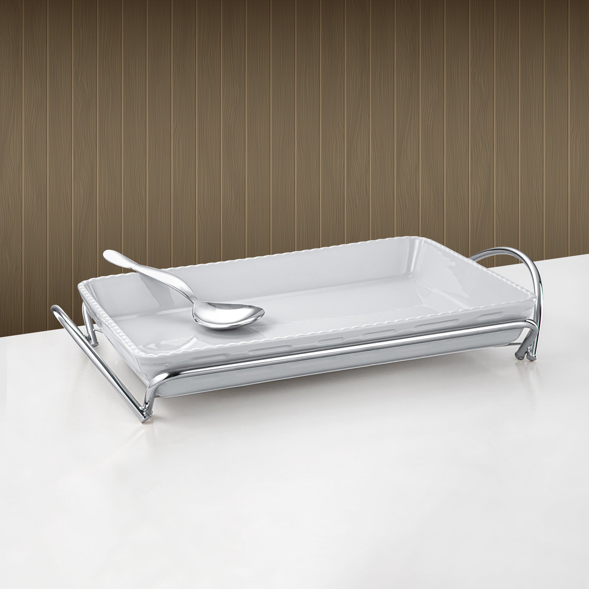 طبق تقديم مستطيل المرجان 45 سم فضي وأبيض