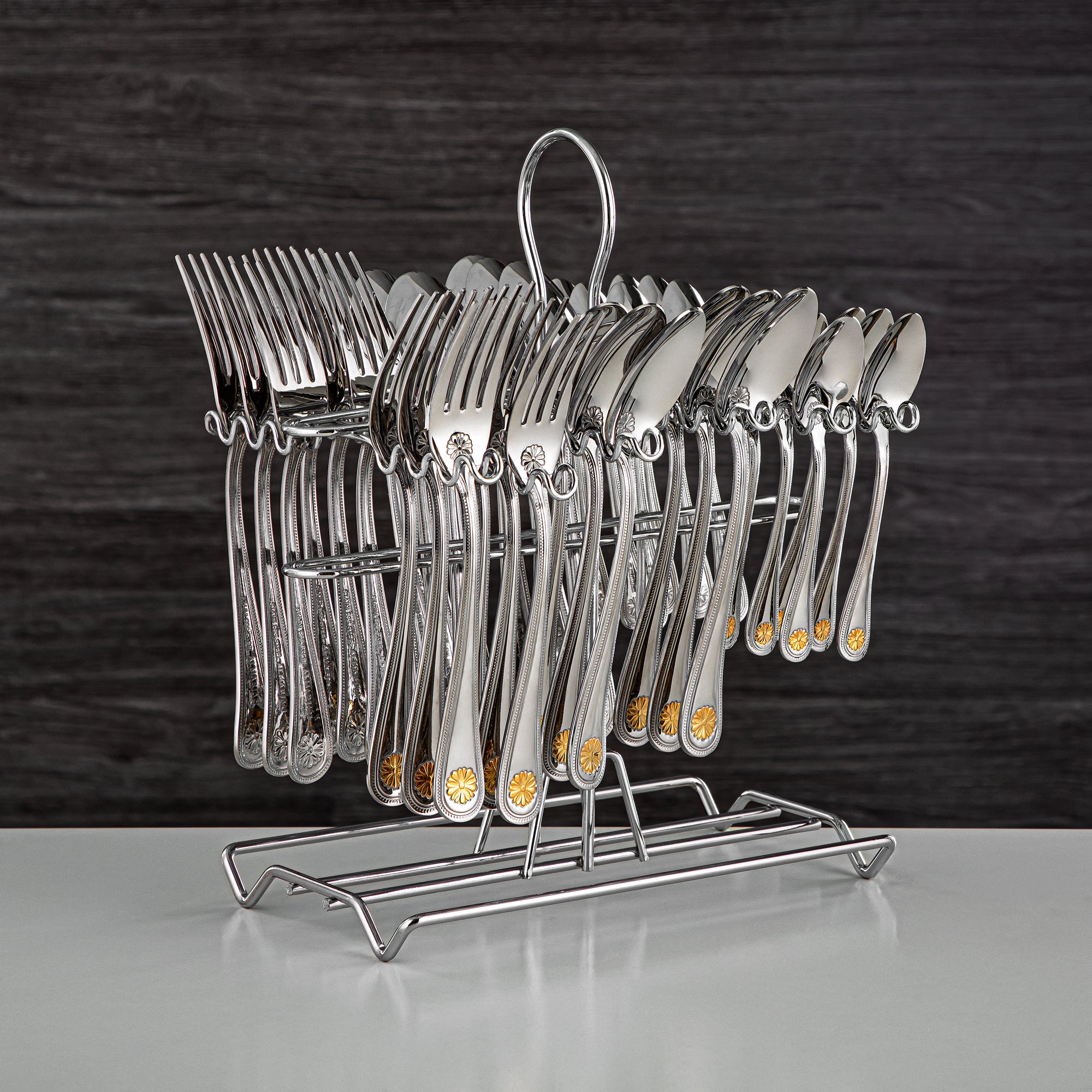 Almarjan Cutlery Set 36 Pieces, Stainless Steel, With Stand, Silver & Gold (CUT0010356) Elegant Cutlery Set