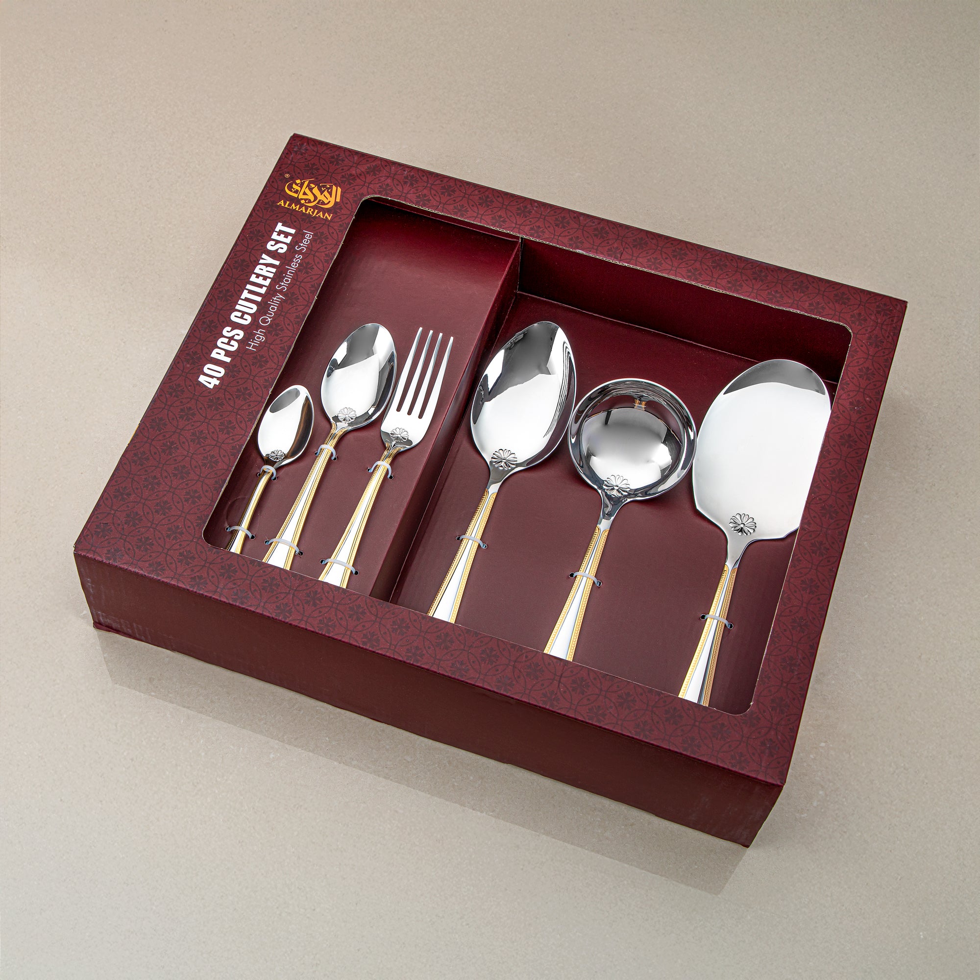 Almarjan Cutlery Set 40 Pieces, Stainless Steel, Silver & Gold (CUT0010378) Elegant Cutlery Set