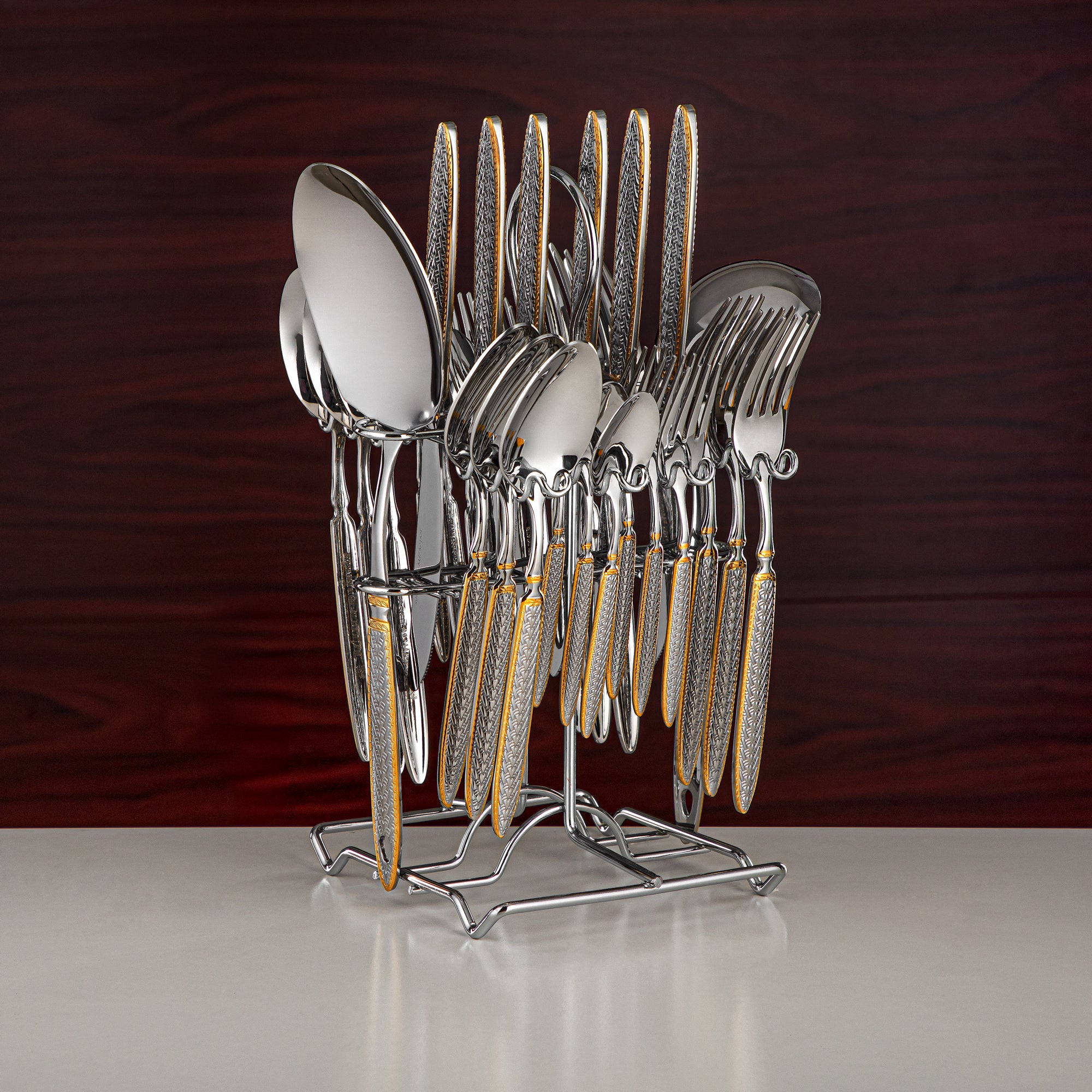 Almarjan Cutlery Set 32 Pieces, Stainless Steel, With Stand, Silver & Gold (CUT0010447) Elegant Cutlery Set