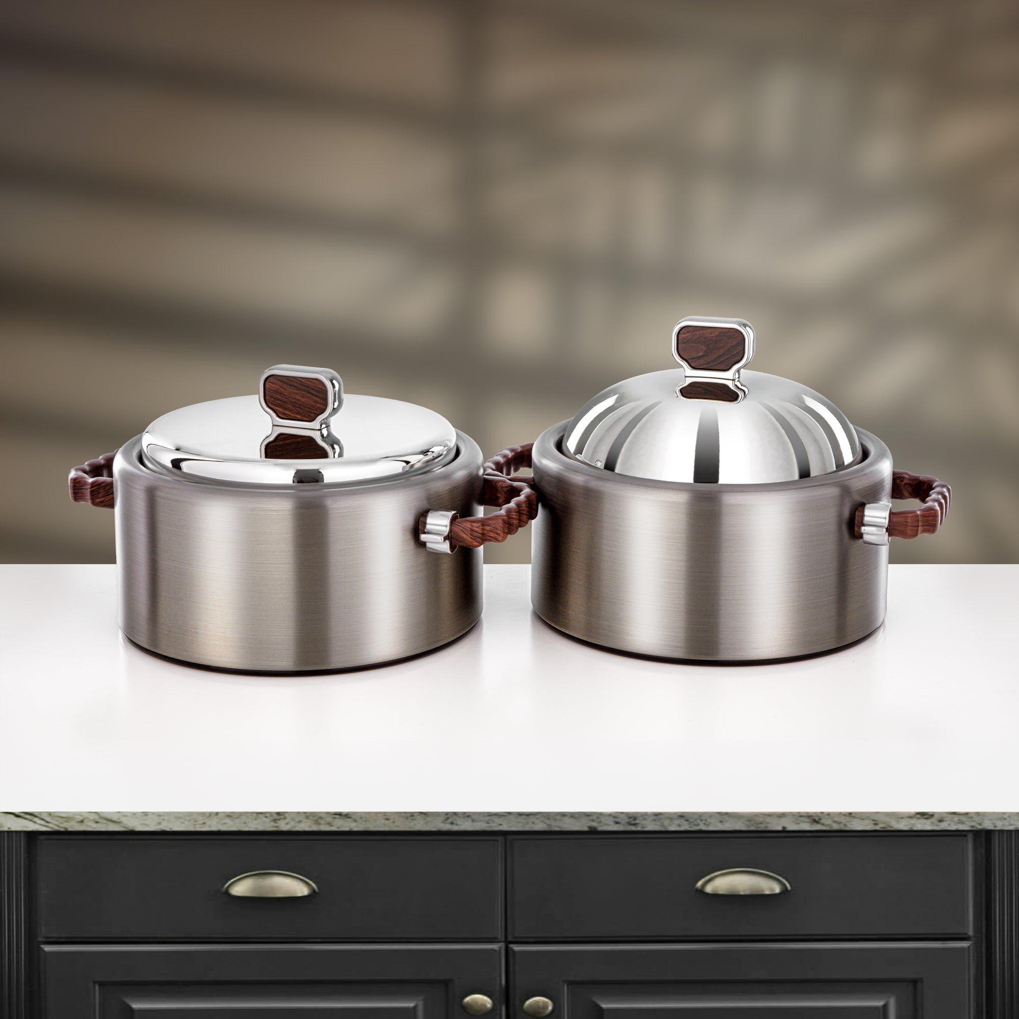 Almarjan 2 Pieces Hot Pot Set, Brushed Matt Nickel & Dark Wood
