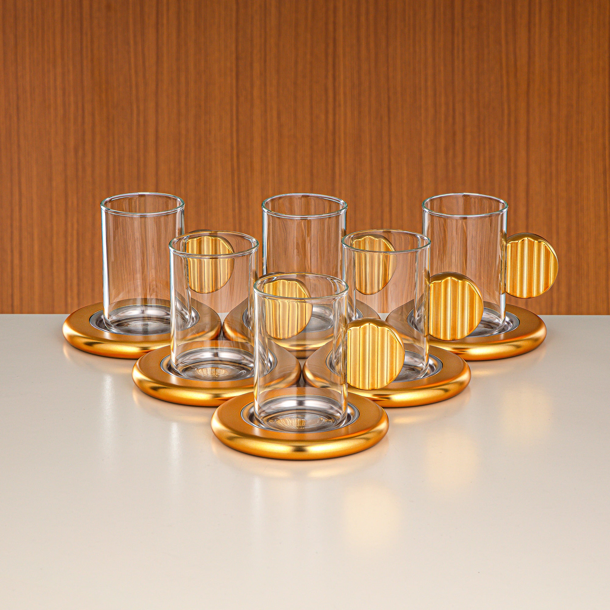 طقم شاي وقهوة المرجان 18 قطعة، نيكل ذهبي مطفي، أكواب زجاج بوريكسيلات، صحون تقديم ABS، موديل FG820-18 NI/MG