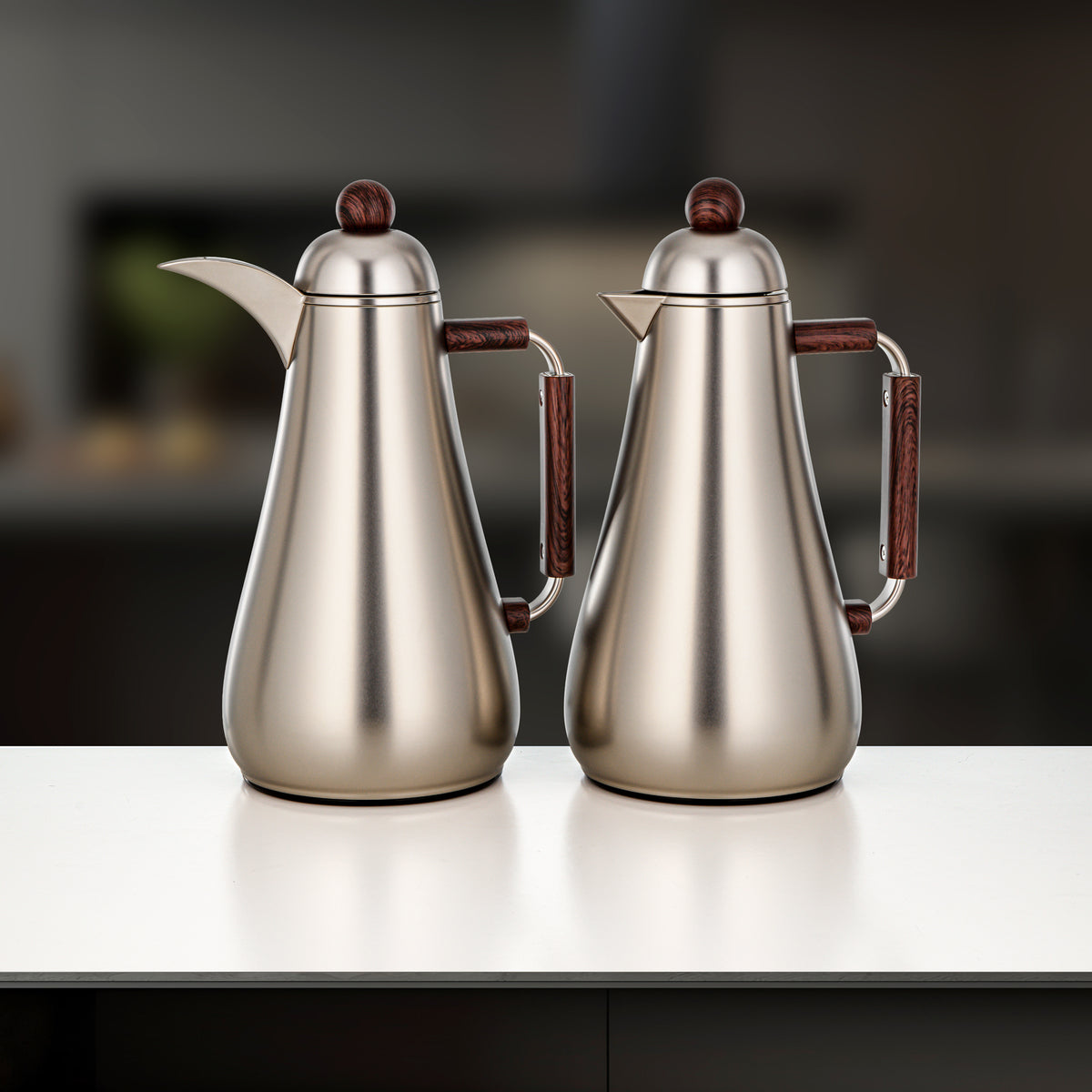 Almarjan 2 Pieces Vacuum Flask Set, Matt Nickel & Dark Wood