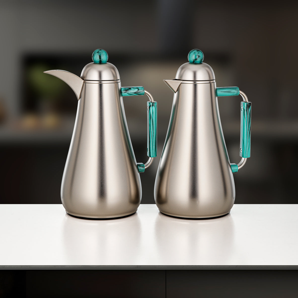 Almarjan 2 Pieces Vacuum Flask Set, Matt Nickel & Tiffany Marble