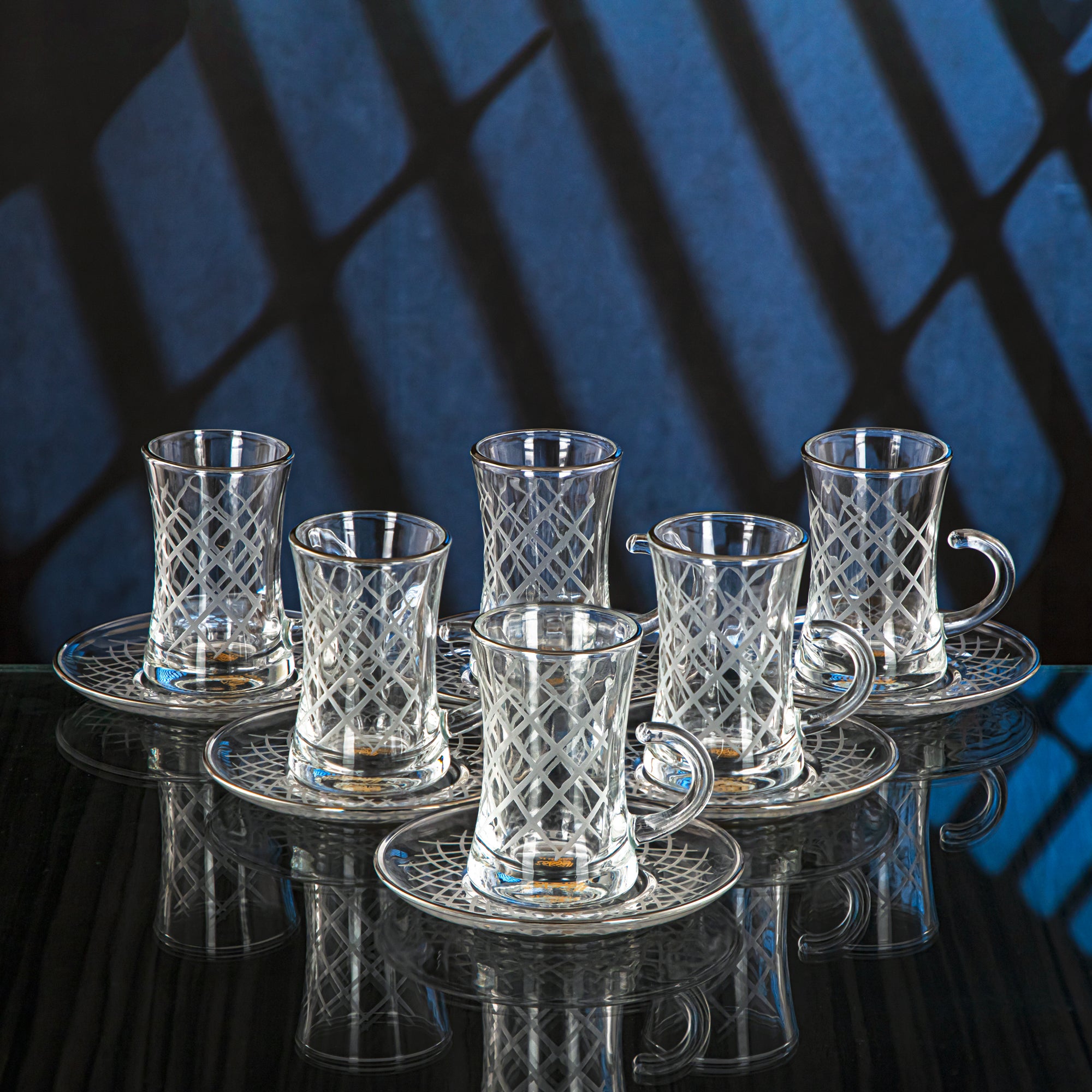 Almarjan 6 Pieces Diamond Collection Glass Tea Cup With Silver Rim - GLS2630014