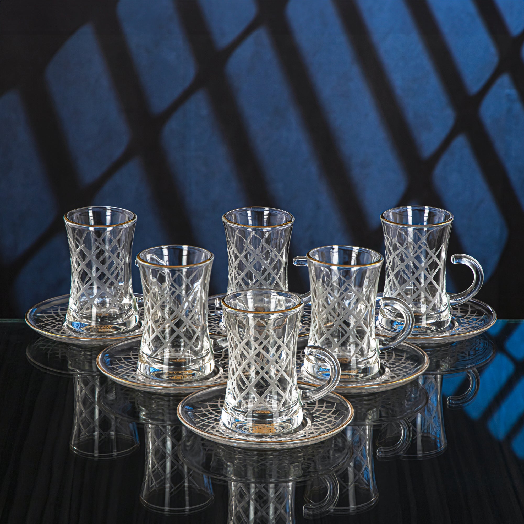 Almarjan 6 Pieces Diamond Collection Glass Tea Cup With Golden Rim - GLS2630017