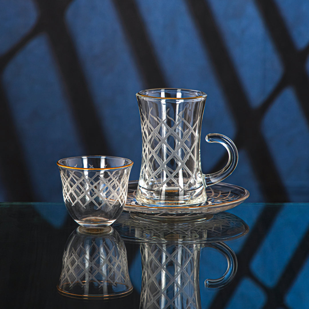 المرجان طقم شاي وقهوة زجاجي 18 قطعة من مجموعة الماس مع حافة ذهبية - GLS2630018