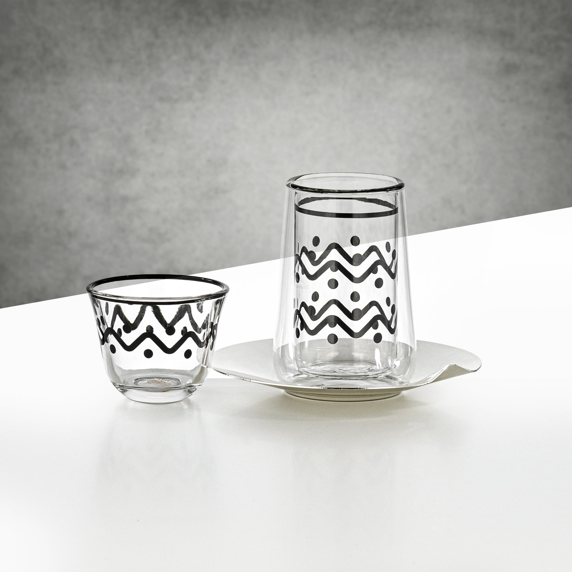 طقم أكواب الشاي والقهوة المرجان، ١٨ قطعة، شفاف بنقشة سوداء