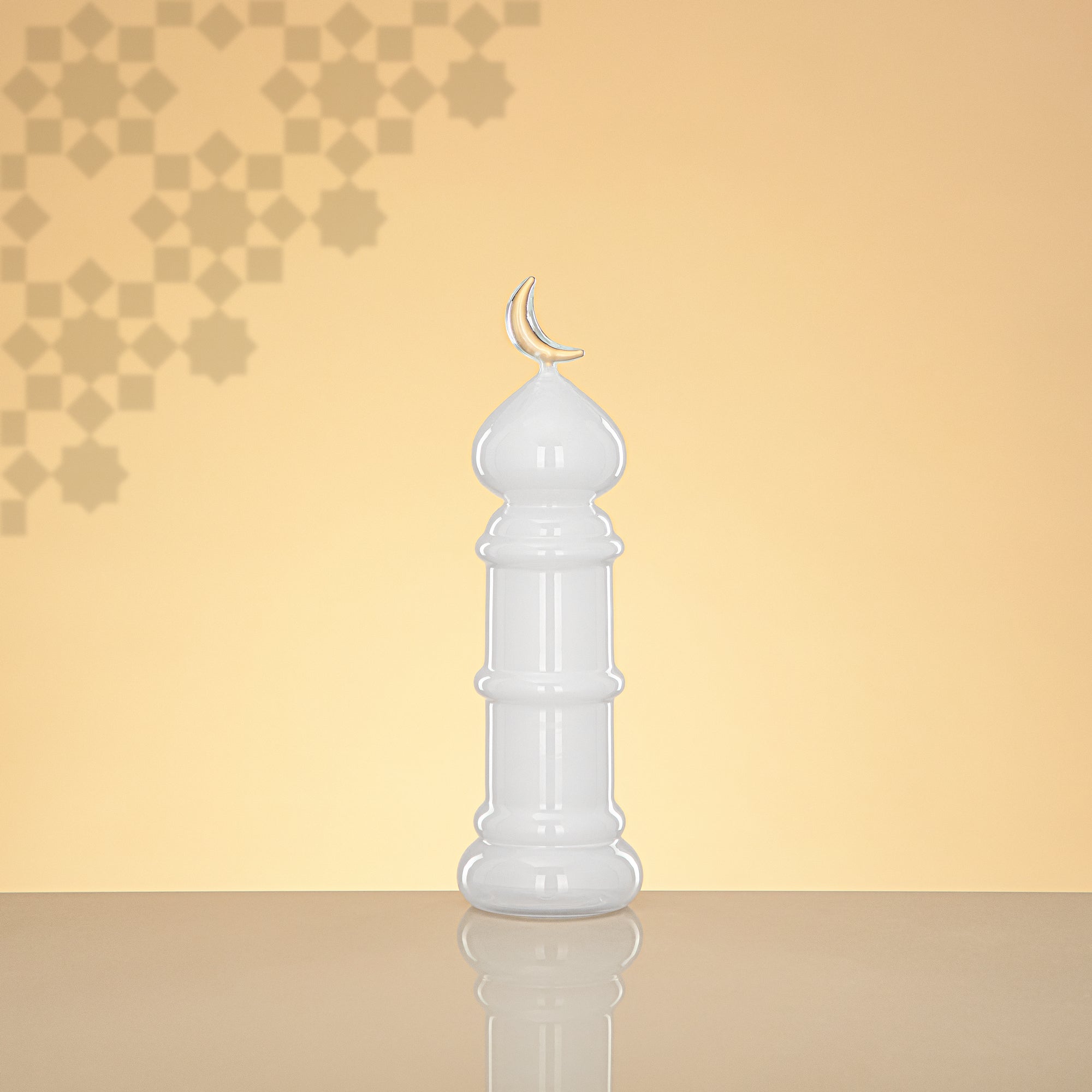 Almarjan Minaret Table Decoration 24cm x 7cm White with Clear Crescent Moon – Noor Al Layali