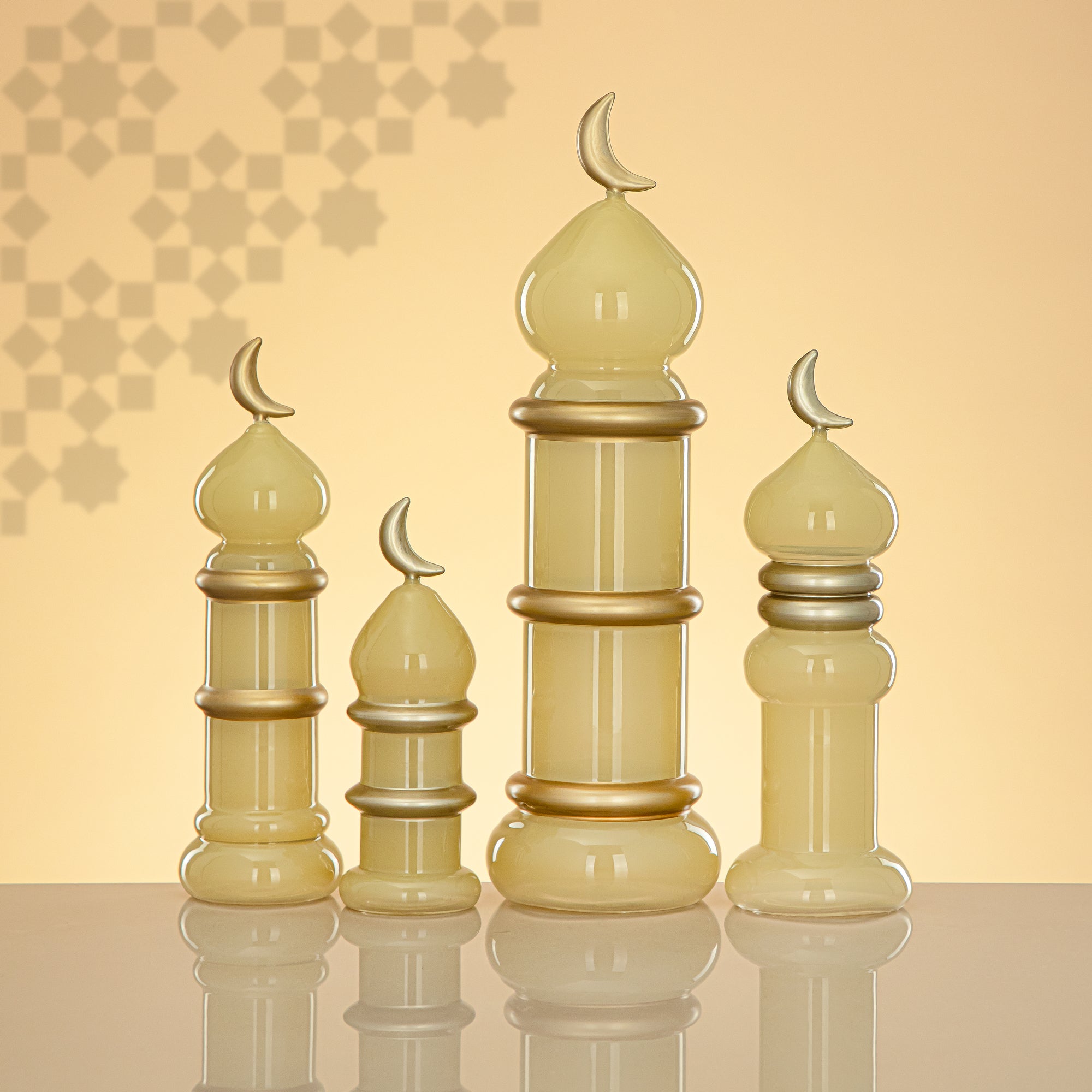 Almarjan Minaret Table Decoration 24cm x 8cm Ivory with Golden Lines & Crescent Moon – Noor Al Layali