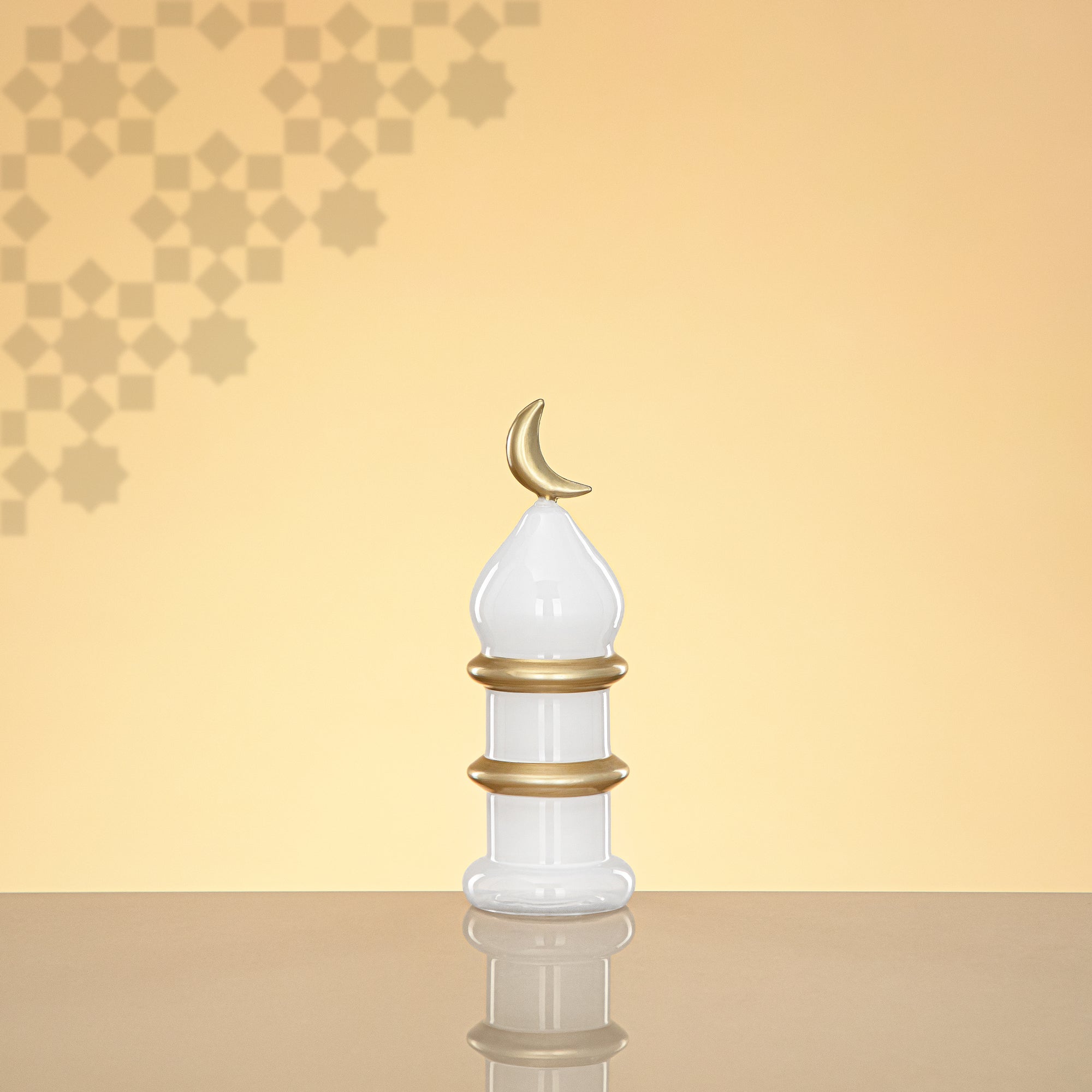 Almarjan Minaret Table Decoration 16.5cm x 6cm White with Golden Lines & Crescent Moon – Noor Al Layali
