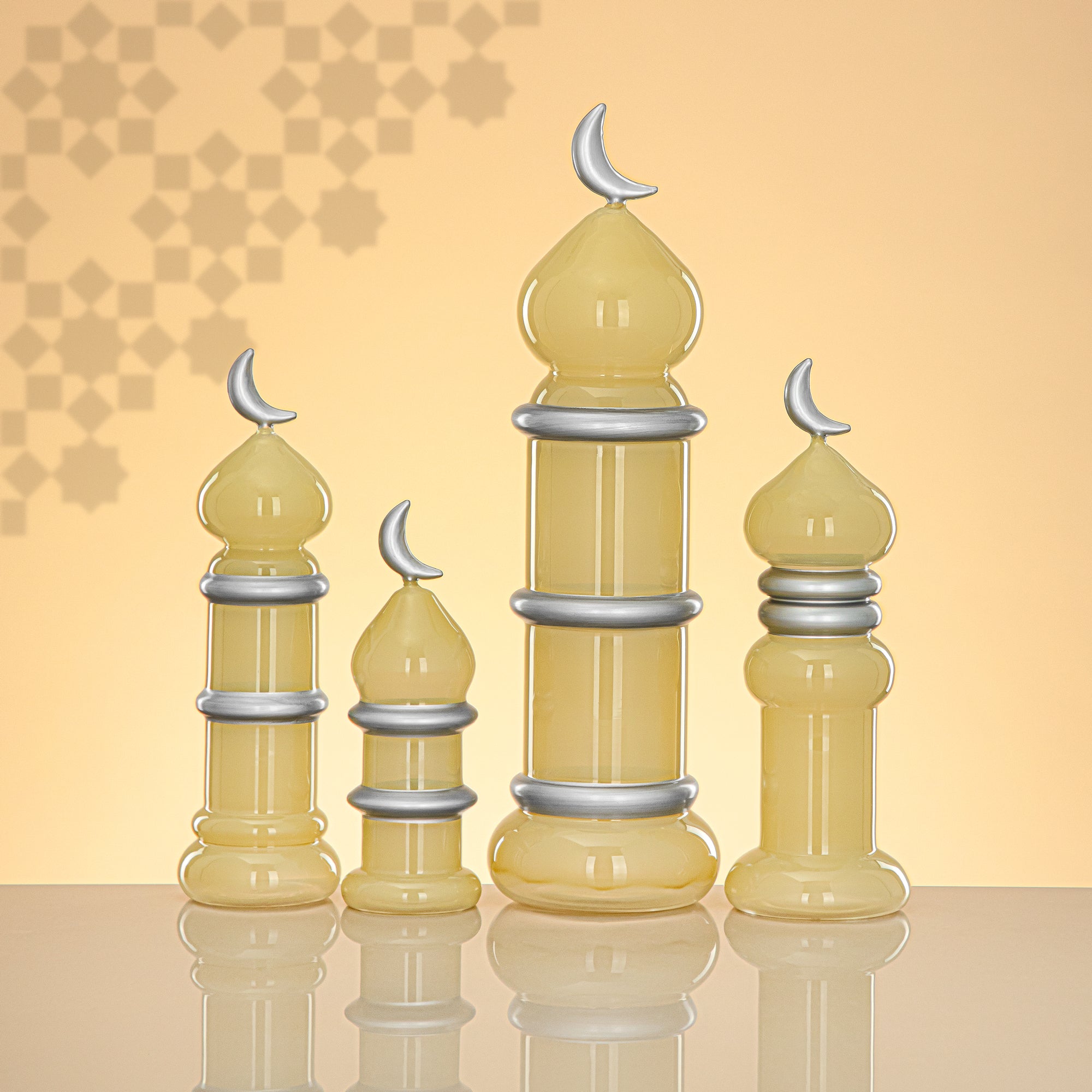 Almarjan Minaret Table Decoration 16.5cm x 6cm Ivory with Silver Lines & Crescent Moon – Noor Al Layali