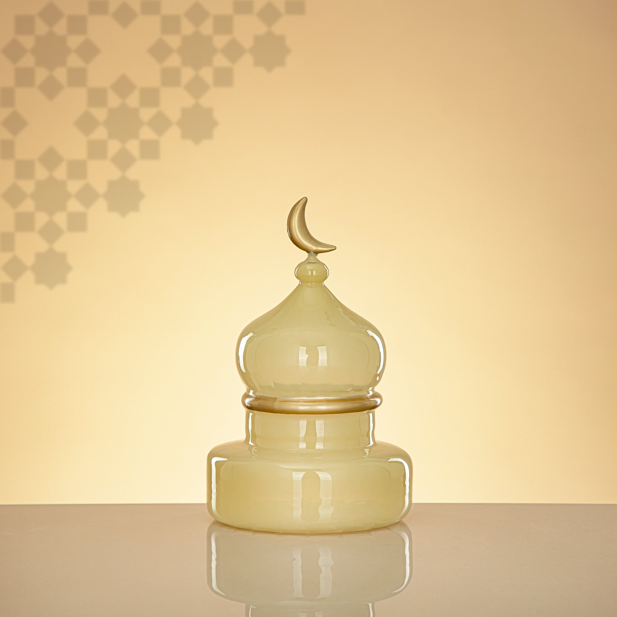 Almarjan Minaret Table Decoration 23cm x 15cm Ivory with Golden Lines & Crescent Moon – Noor Al Layali