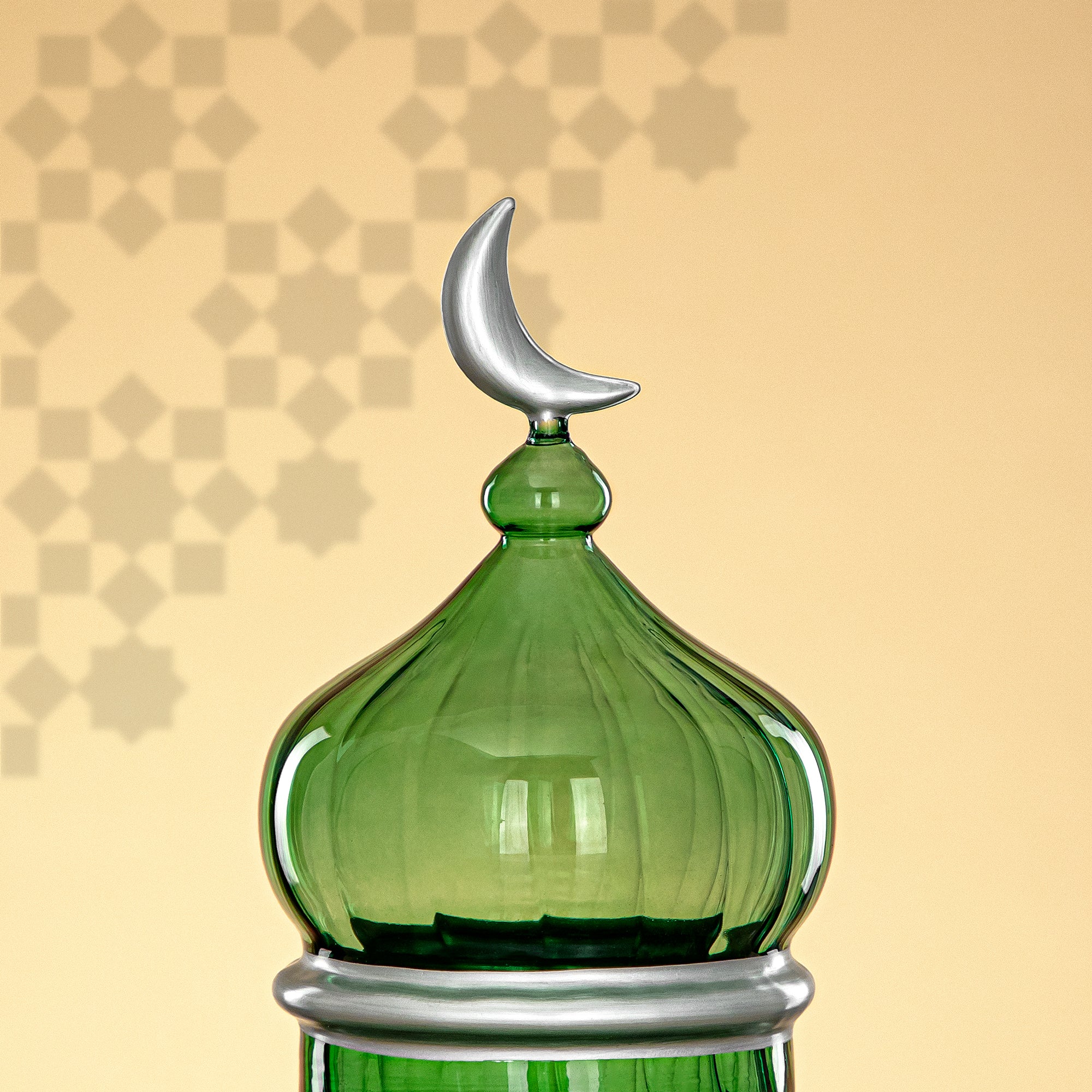 Almarjan Minaret Table Decoration 23cm x 15cm Transparent Green with Silver Lines & Crescent Moon – Noor Al Layali
