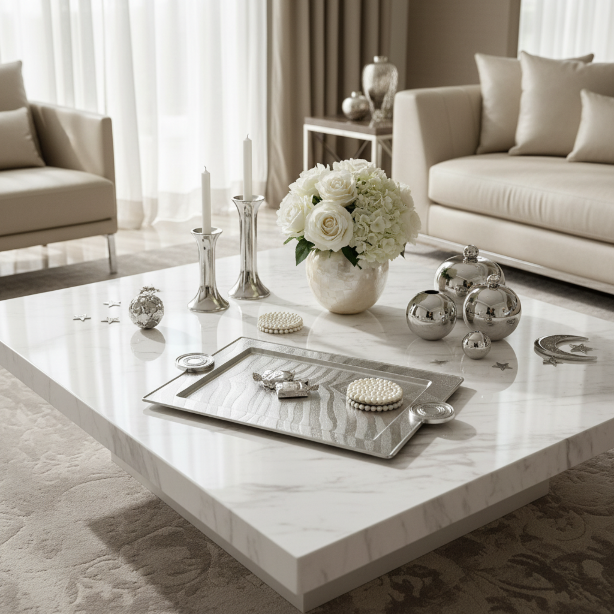 Almarjan Serving Tray 59 cm Silver Crackle