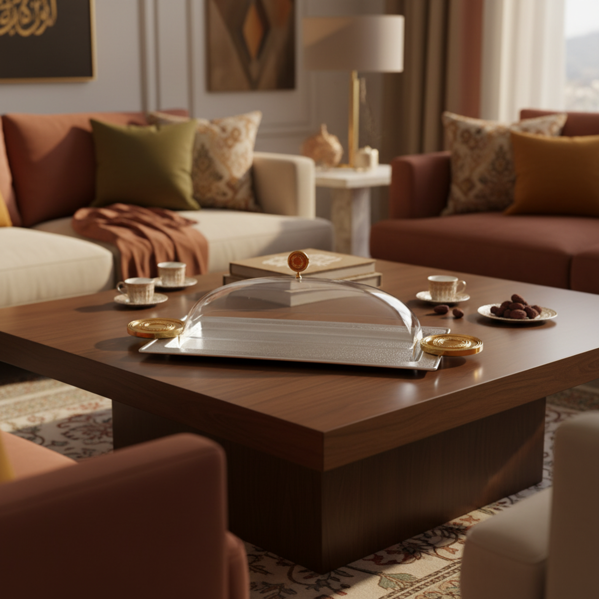 Almarjan Serving Tray with Cover 50 cm Silver & Gold Crackle