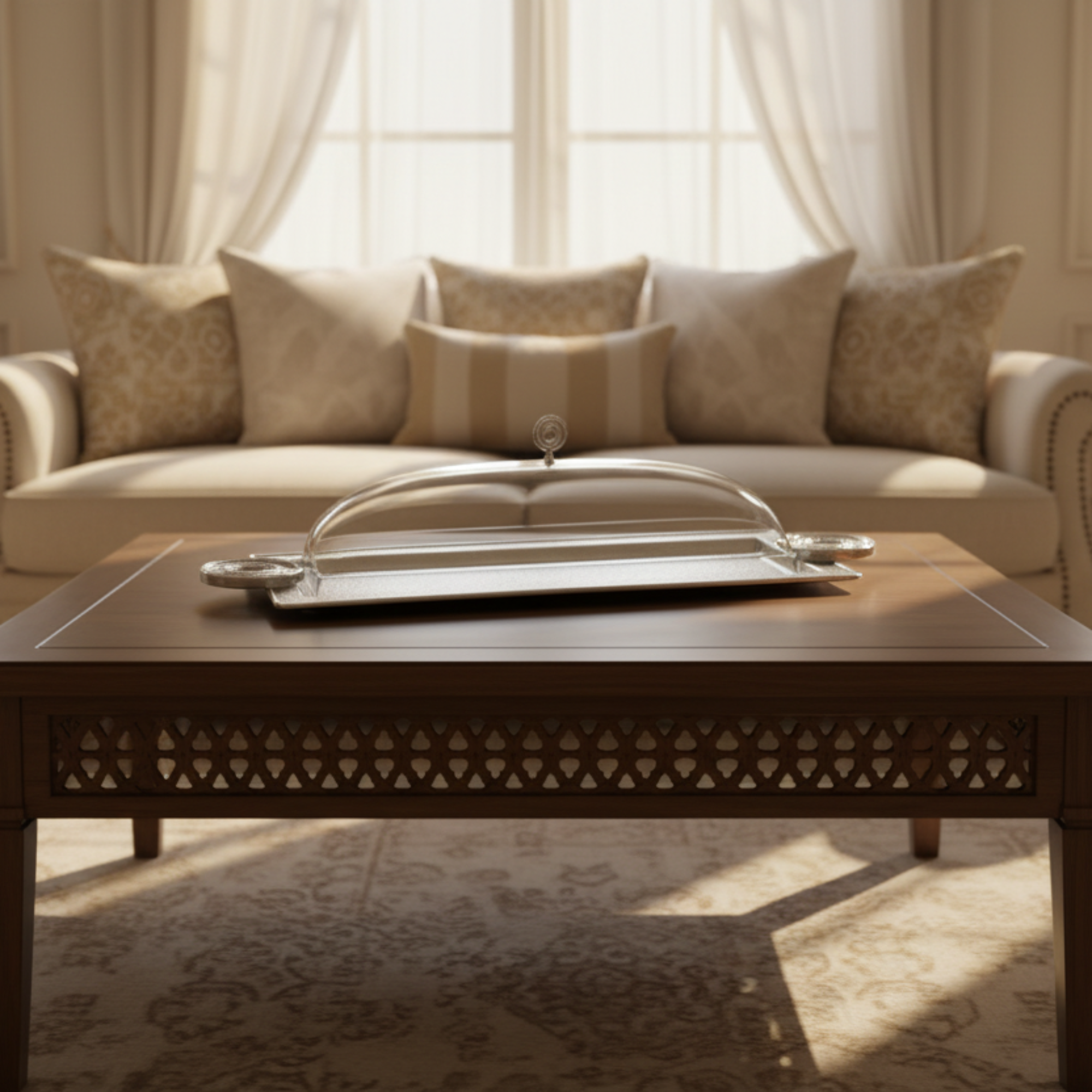 Almarjan Serving Tray with Cover 56 cm Silver Crackle