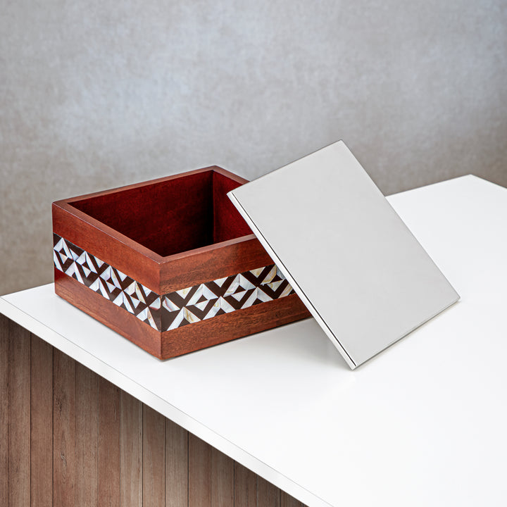 Almarjan 20 CM Square Storage Box Wood & Silver - MD-1816 A