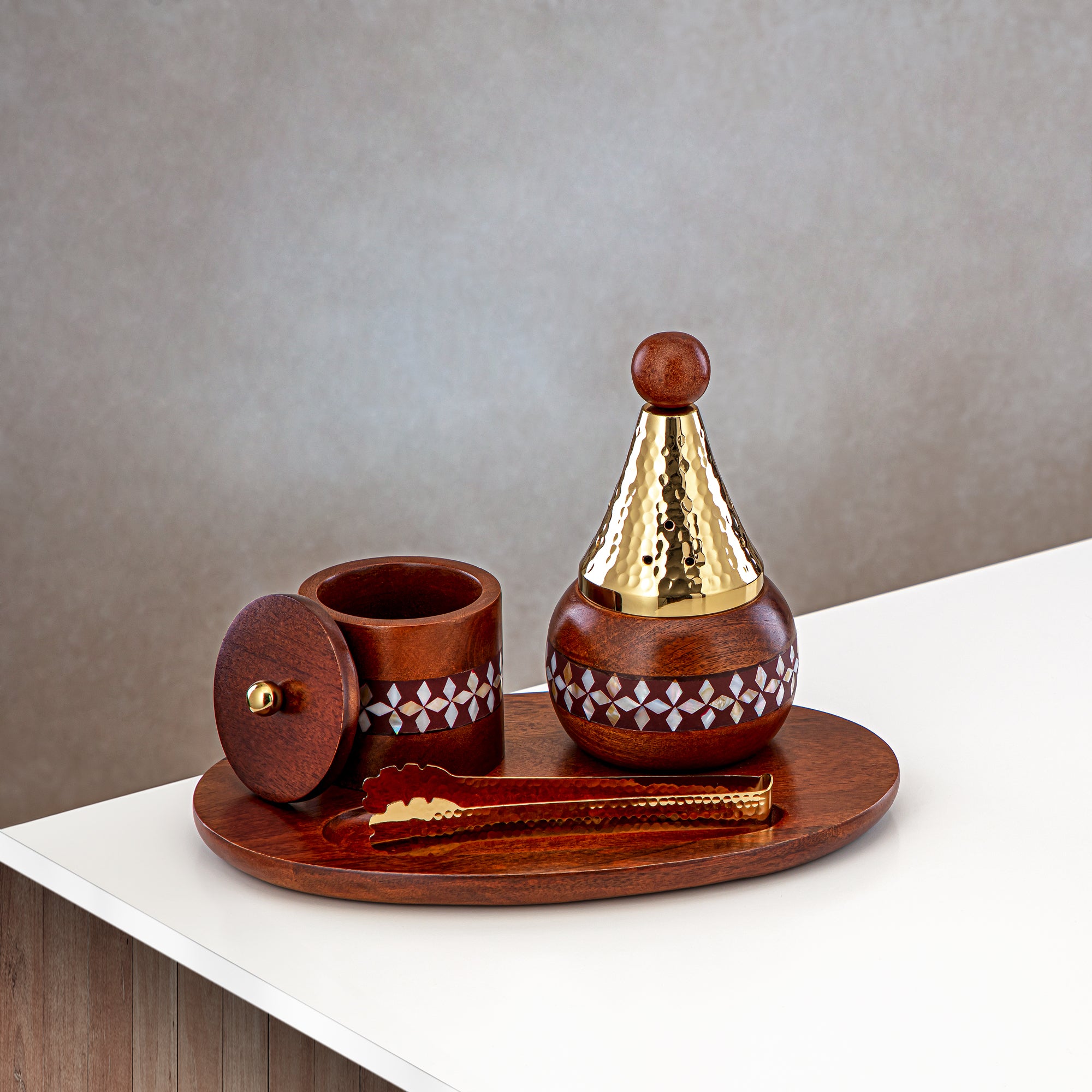 Almarjan 4 Pieces Incense Burner Set Wood & Gold - MD-268 B