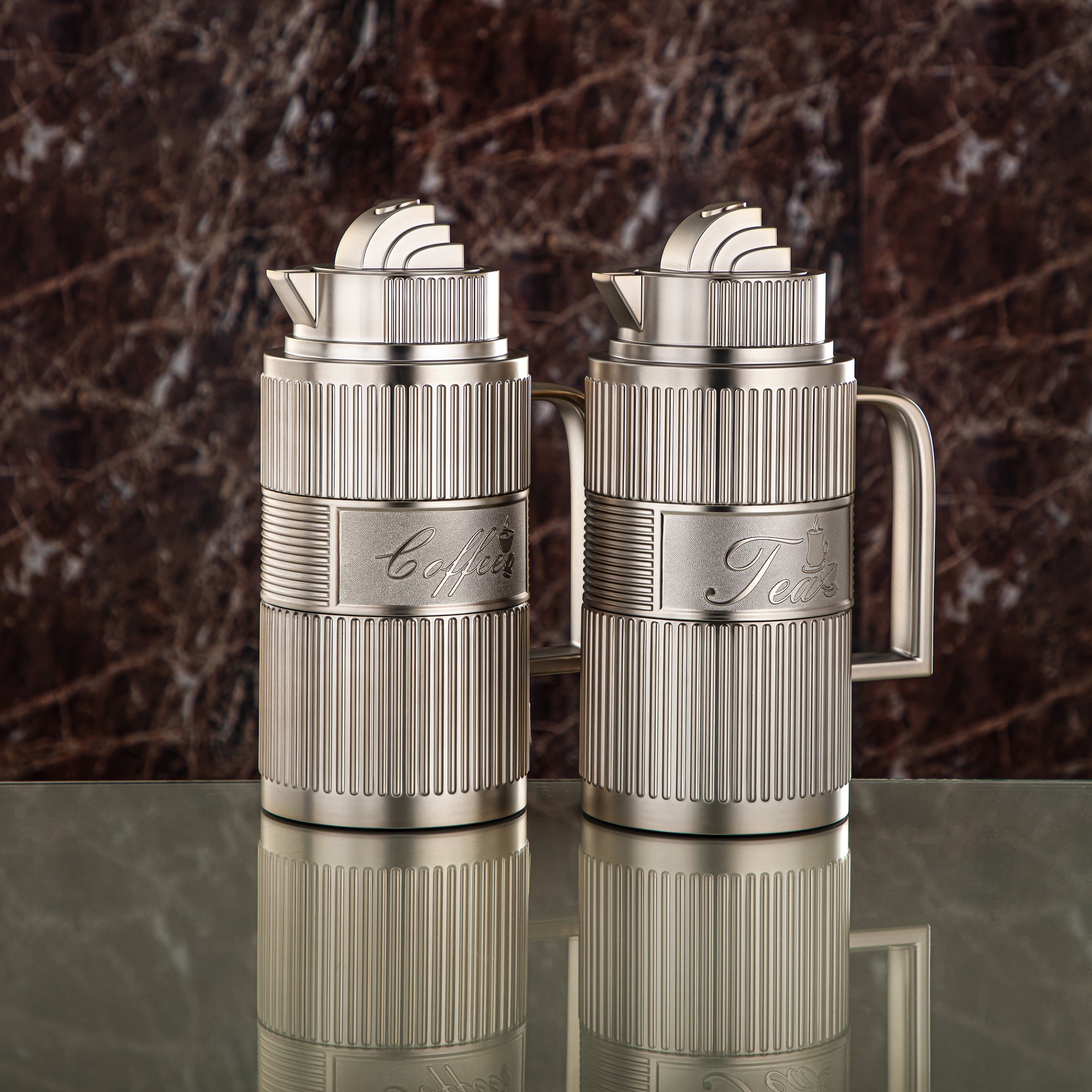 Almarjan Vacuum Flask Set, ABS, Push Button - 1L + 1L, Matt Silver (OUD-MN) - Tea & Coffee