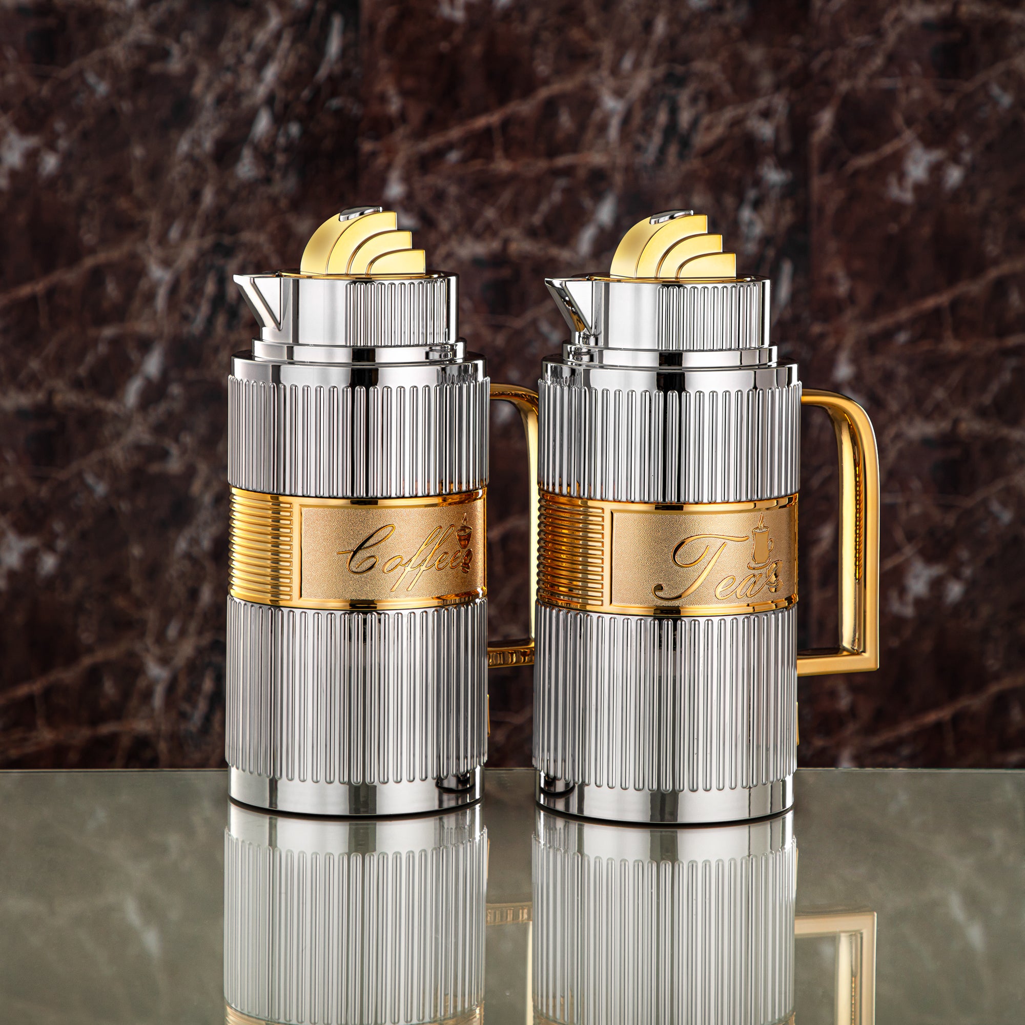 Almarjan Vacuum Flask Set, ABS, Push Button - 1L + 1L, Silver & Gold (OUD-SG) - Tea & Coffee