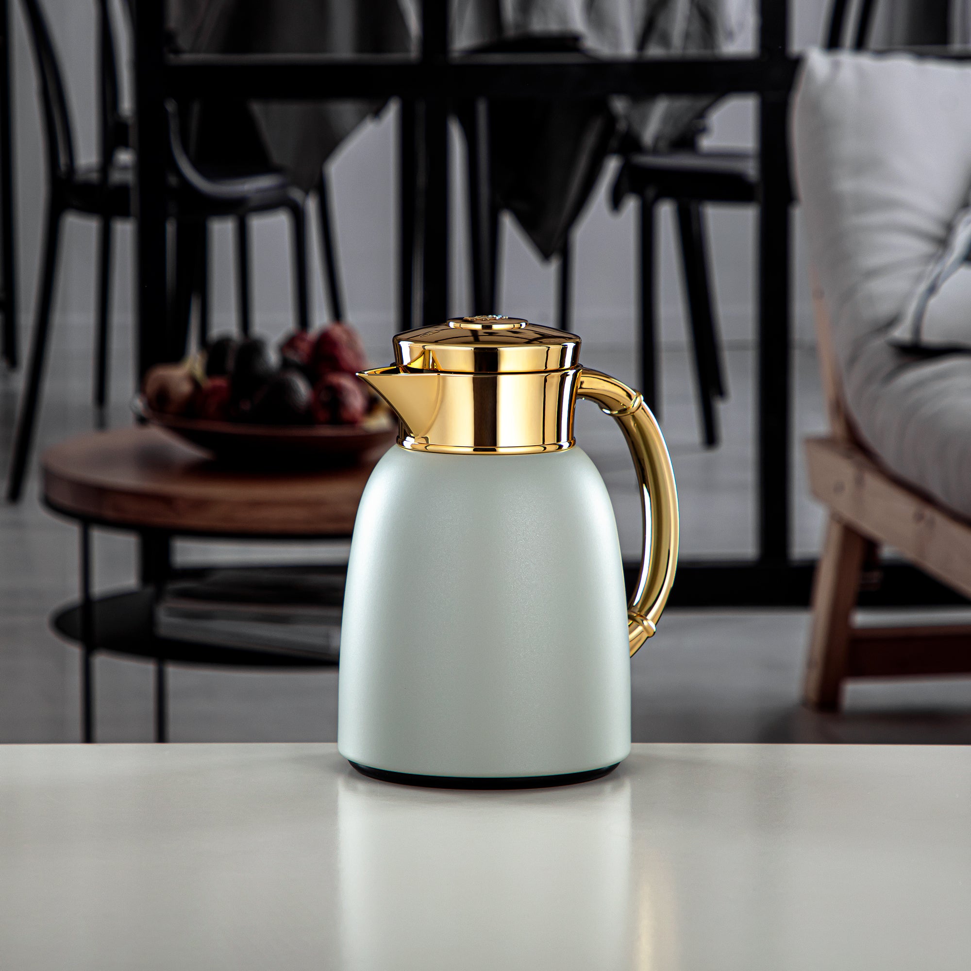 Almarjan Vacuum Flask 0.65L (QVC-0650Q265YZC95) - Push Button, Stone Grey & Gold | Modern Serveware