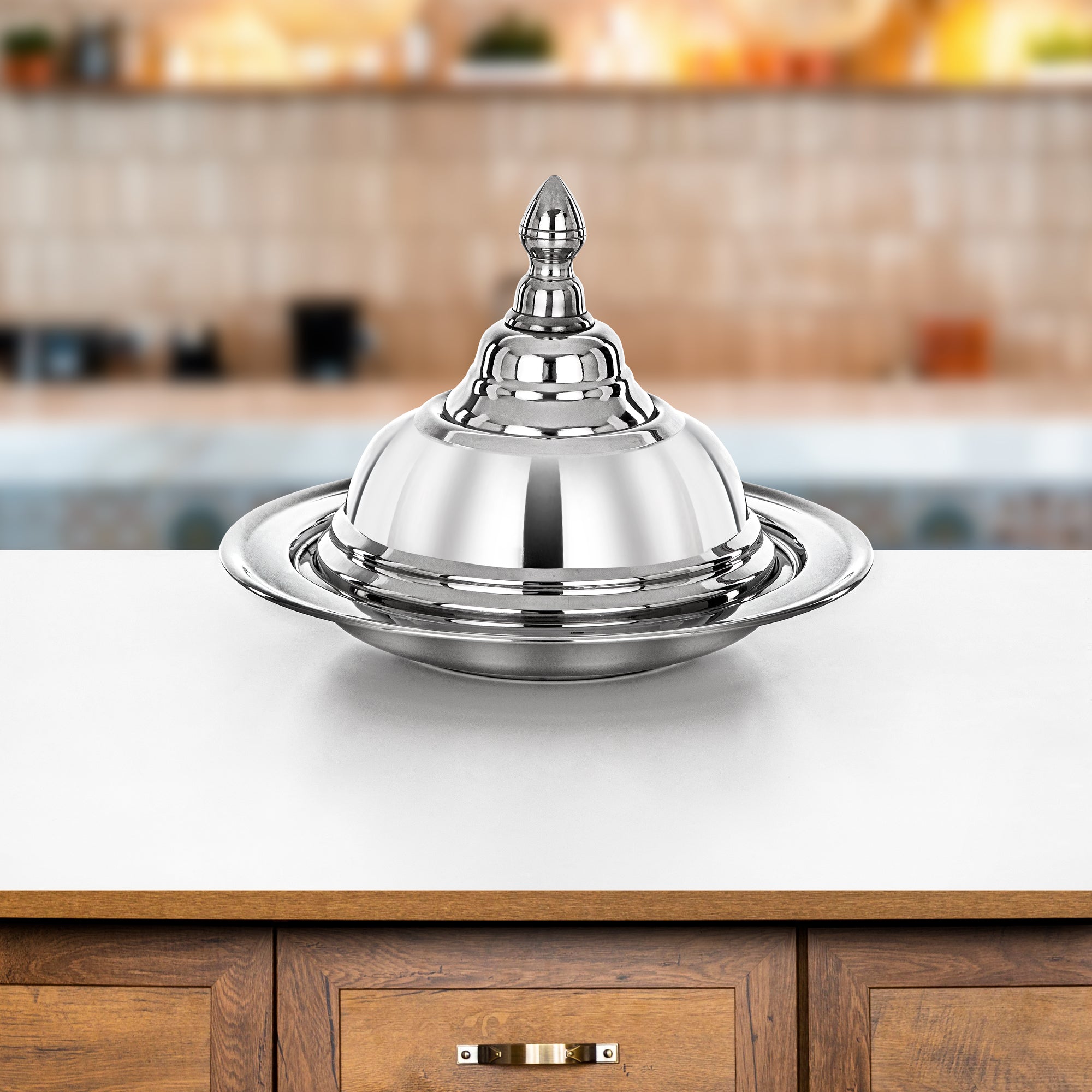 Almarjan Diwan Koozy Tray - 25CM Stainless Steel with Dome Cover, Mirror-Finish Serveware (H24P2)