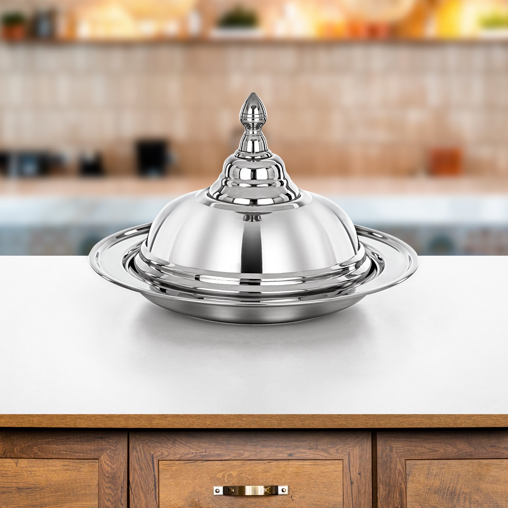 Almarjan Diwan Koozy Tray - 30CM Stainless Steel with Dome Cover, Mirror-Finish Serveware (H24P2)