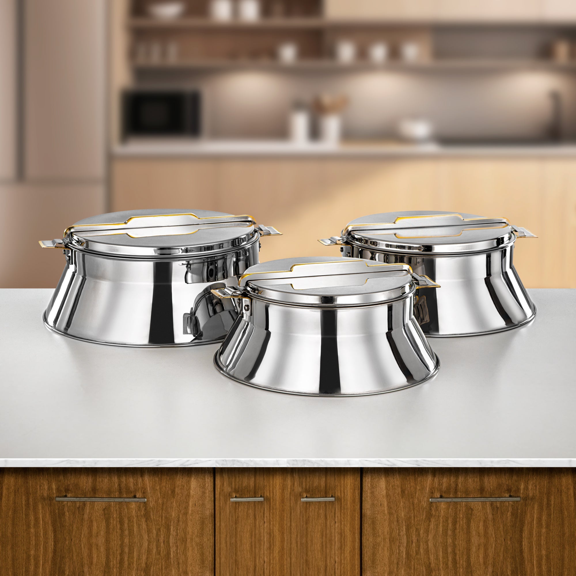 Almarjan Hot Pot Set Stainless Steel 3000ml + 4000ml + 6000ml (H25PG8) – Dalal Collection | Silver & Gold with Golden Line | Elegant Serving for Ramadan & Gatherings
