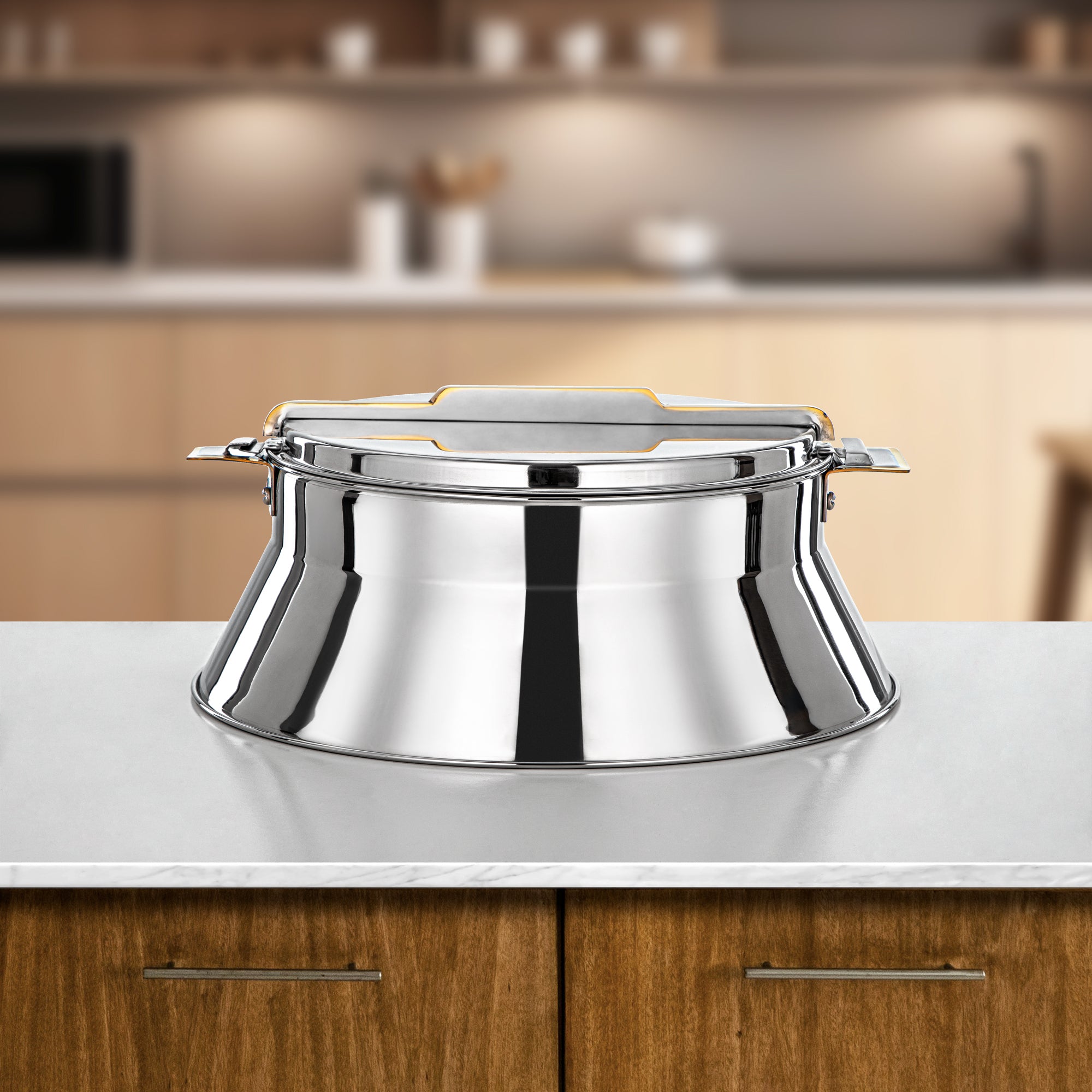 Almarjan Hot Pot Set Stainless Steel 3000ml + 4000ml + 6000ml (H25PG8) – Dalal Collection | Silver & Gold with Golden Line | Elegant Serving for Ramadan & Gatherings