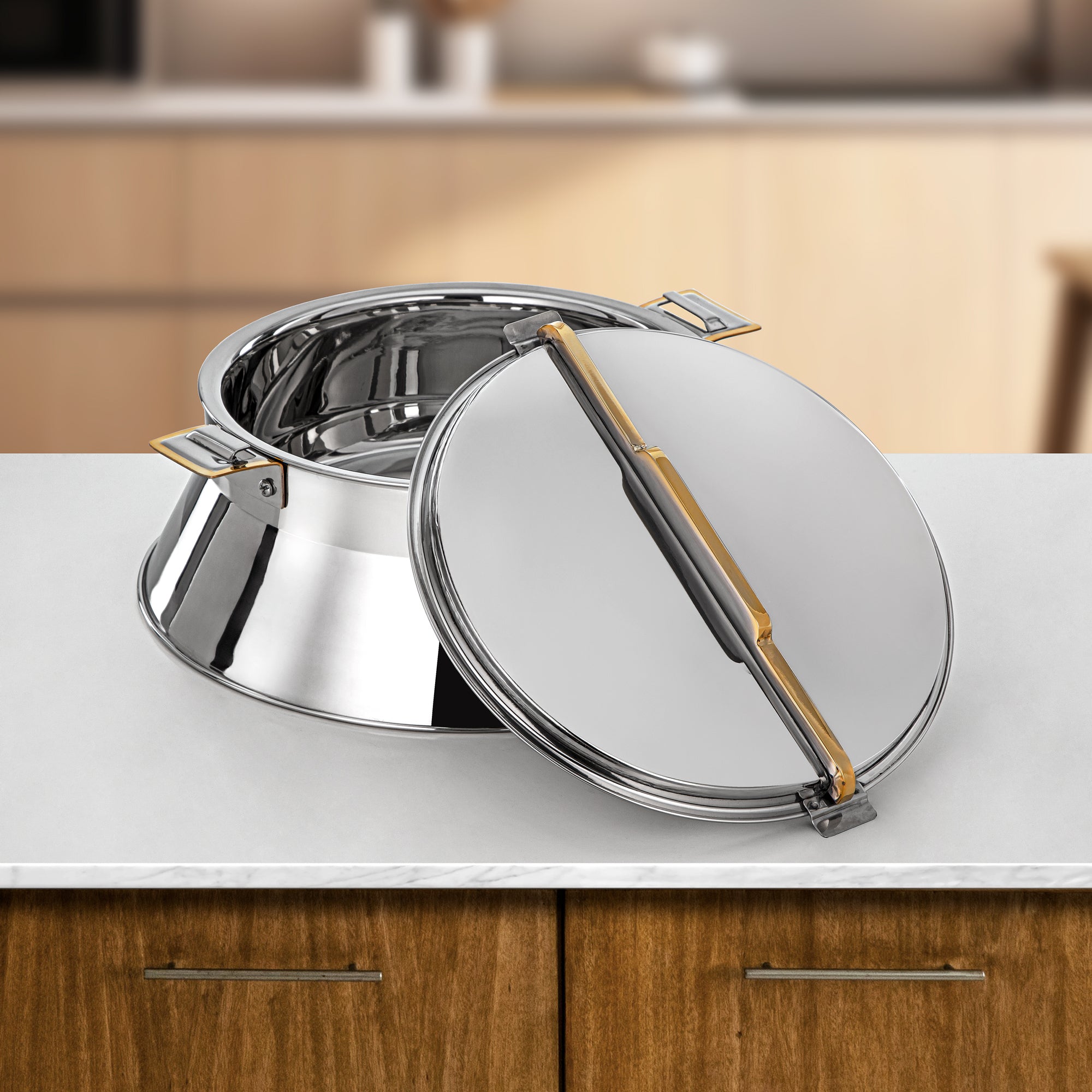 Almarjan Hot Pot Set Stainless Steel 3000ml + 4000ml + 6000ml (H25PG8) – Dalal Collection | Silver & Gold with Golden Line | Elegant Serving for Ramadan & Gatherings
