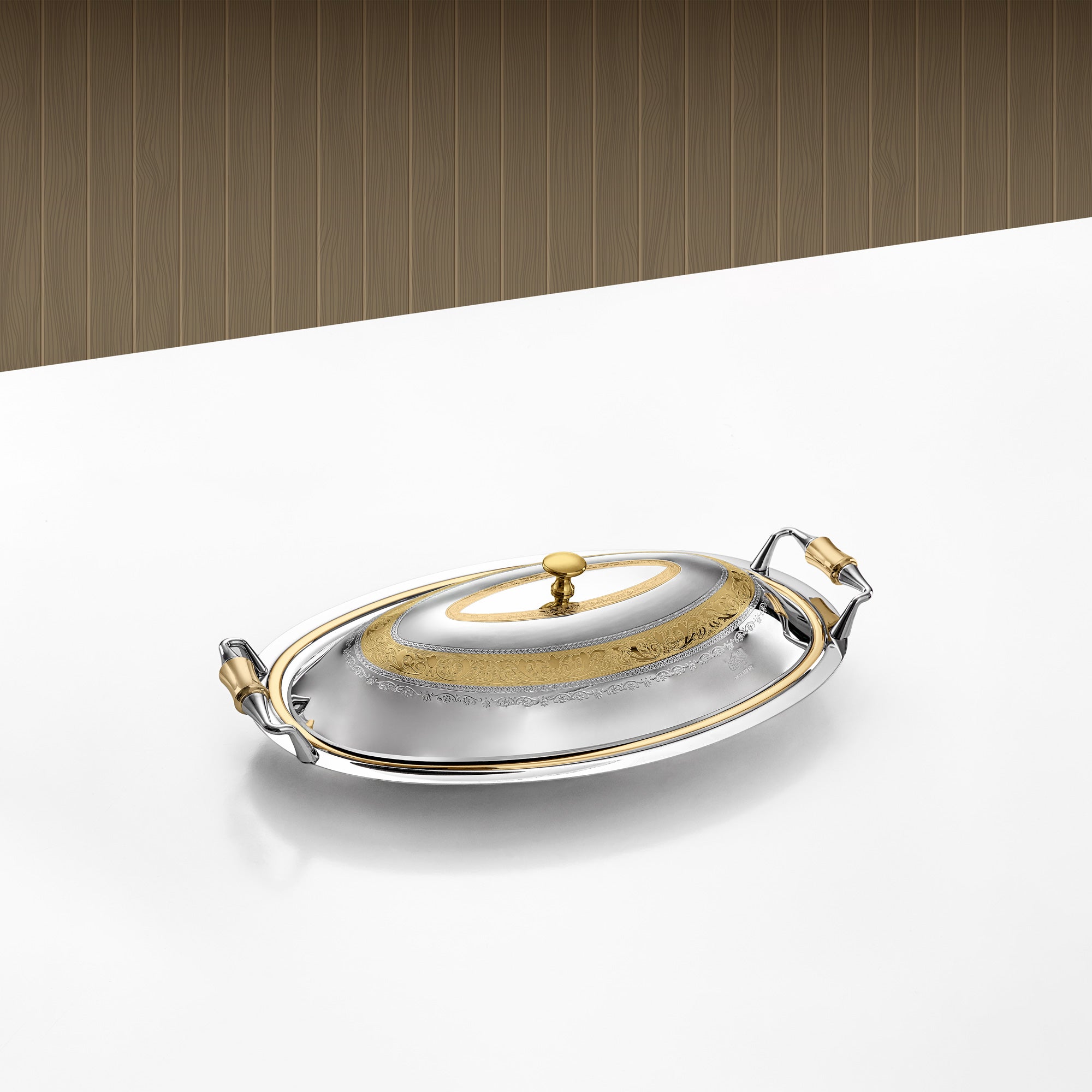 Almarjan Oval Serving Tray with Cover 40cm Silver & Gold